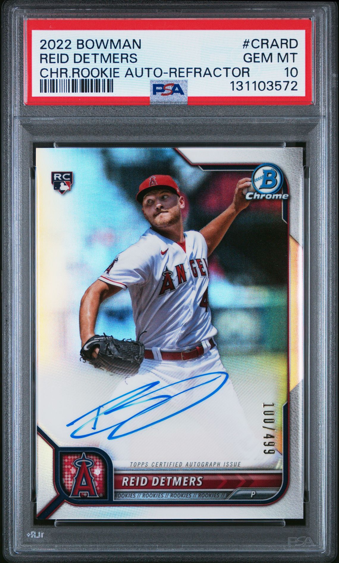 2022 Bowman Chrome Rookie Autographs Reid Detmers #Crard (Chr.rookie Auto-Refractor) Gem Mt 10 front view - PSA graded GEM MT 10