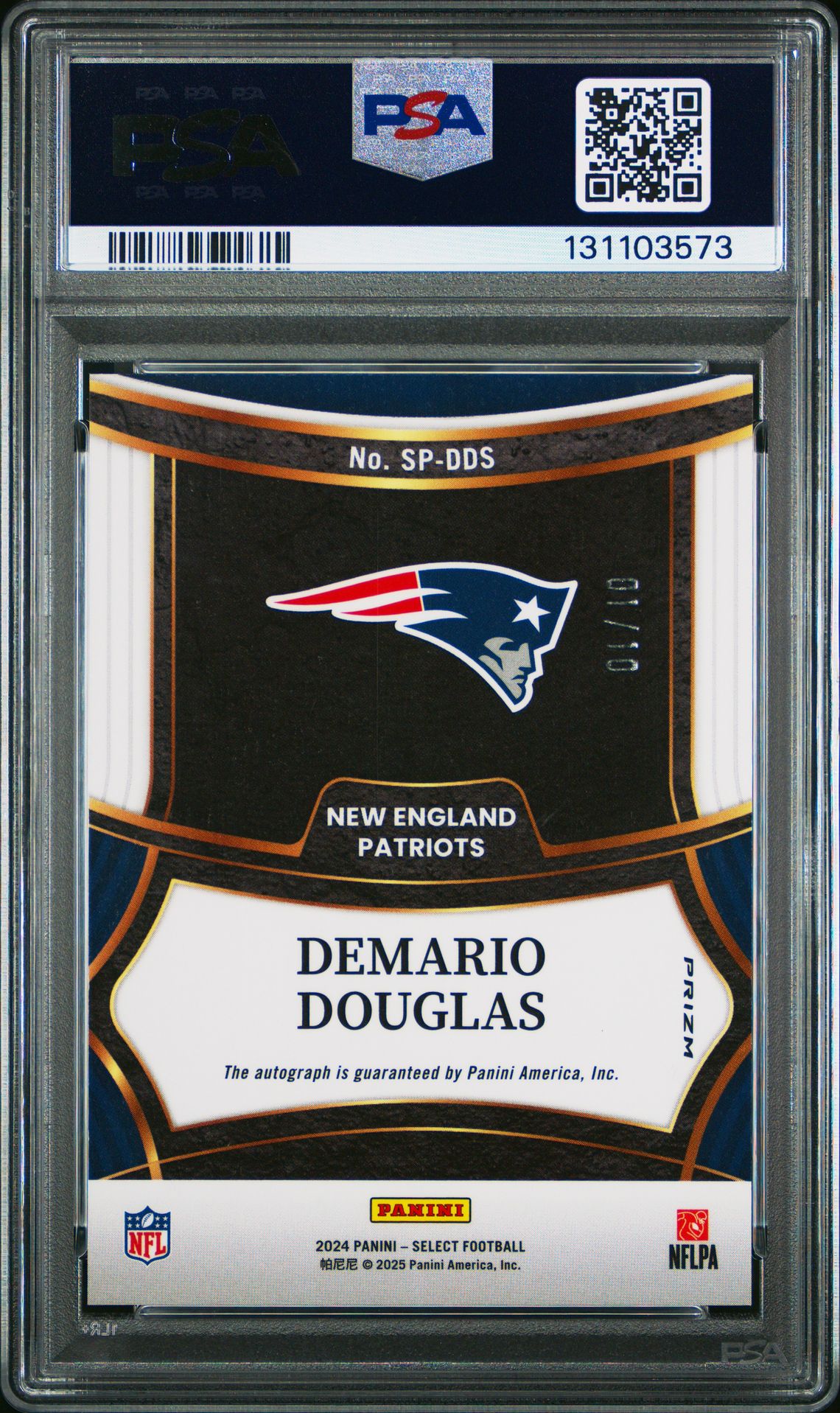 2024 Panini Select Signatures Demario Douglas #Spdds (Signature-Gold Prizm) Gem Mt 10 back
