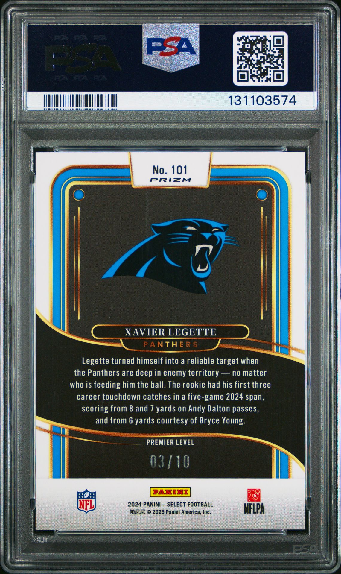 2024 Panini Select Xavier Legette #101 (Gold Prizm) Gem Mt 10 back