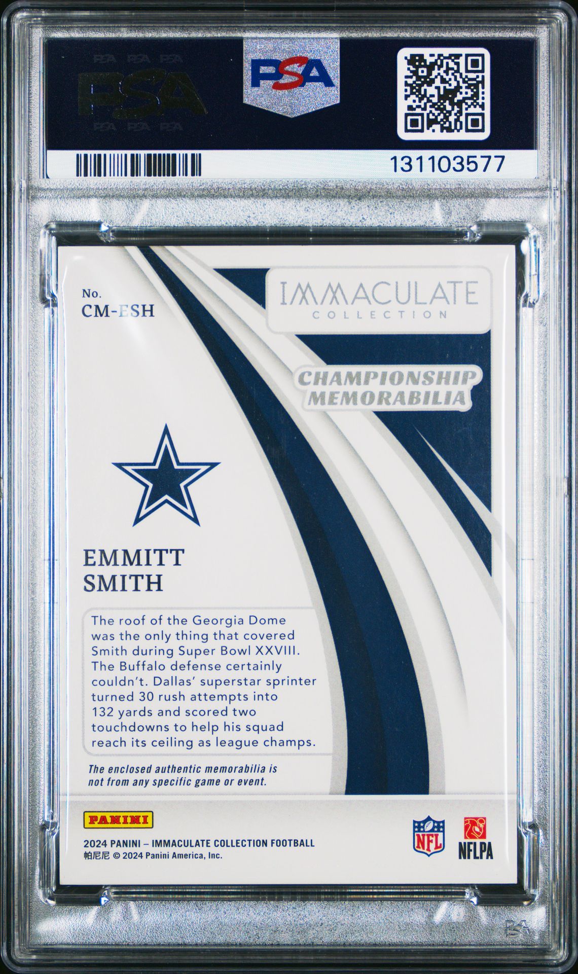 2024 Panini Immaculate Collection Championship Memorabilia Emmitt Smith #Cm-Esh Mint 9 back