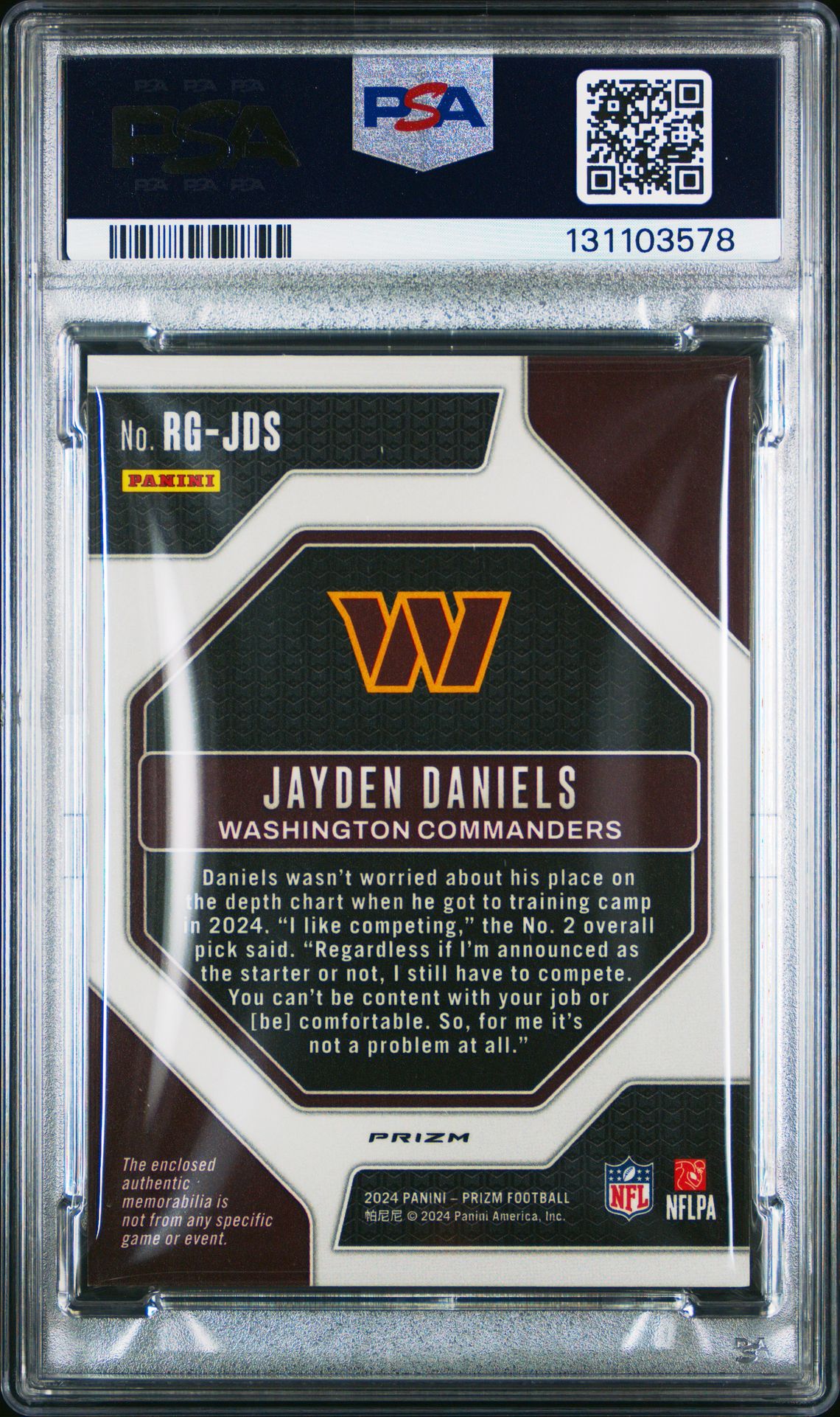 2024 Panini Prizm Rookie Gear Jayden Daniels #Rgjds (Rk Gear-Neon Green Pulsar) Gem Mt 10 back