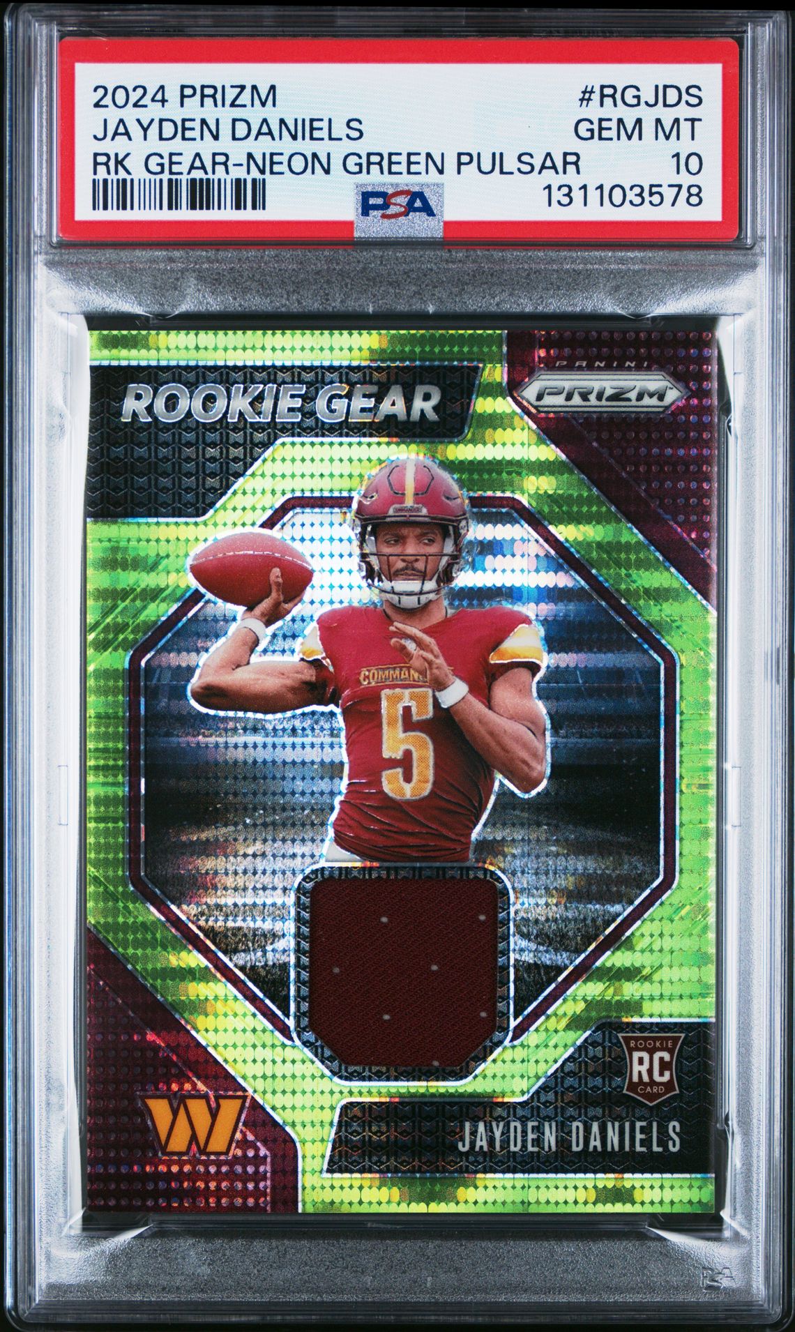 2024 Panini Prizm Rookie Gear Jayden Daniels #Rgjds (Rk Gear-Neon Green Pulsar) Gem Mt 10 front