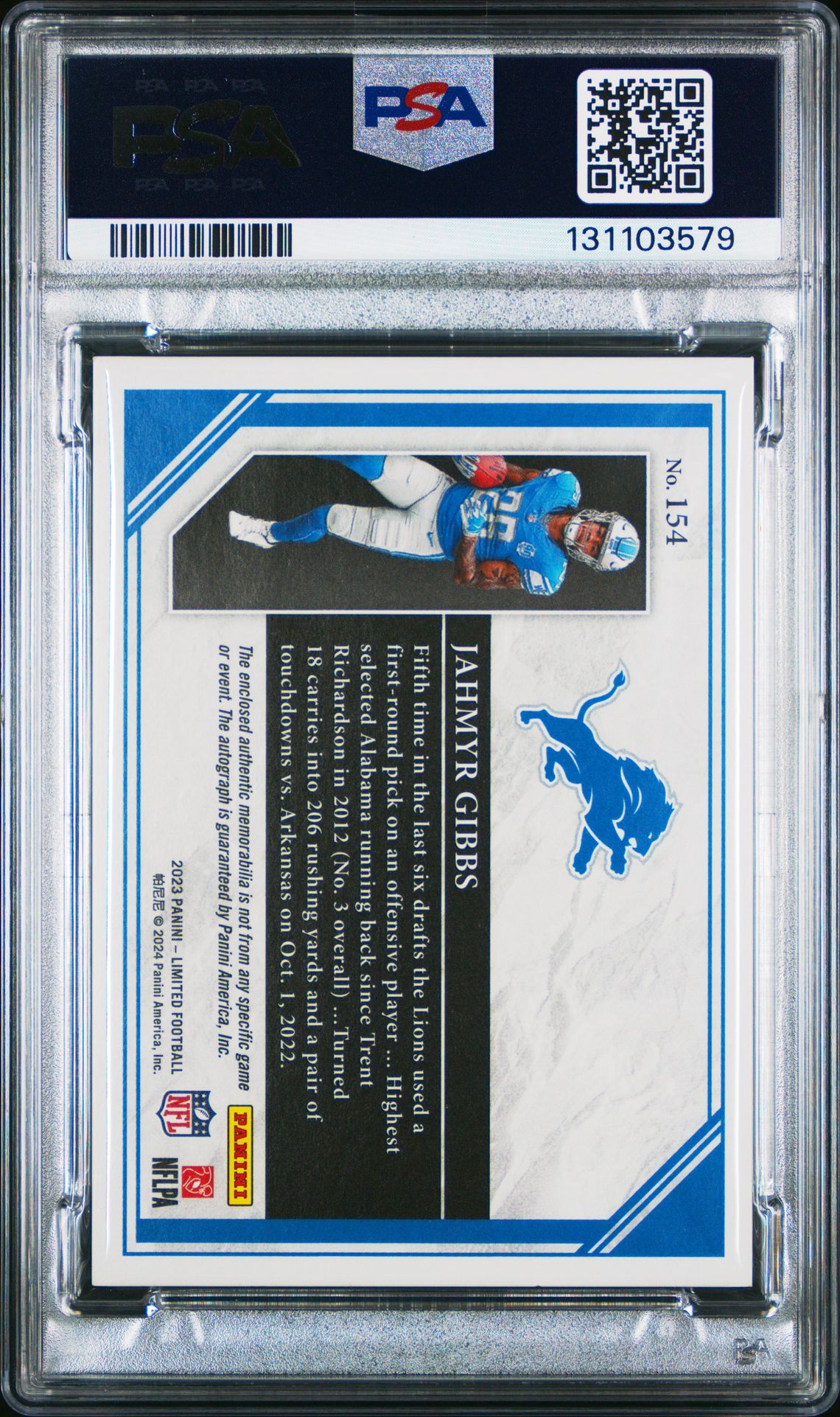 2023 Panini Limited Jahmyr Gibbs #154 (Patch Autograph Jumbo) Nm-Mt 8 back