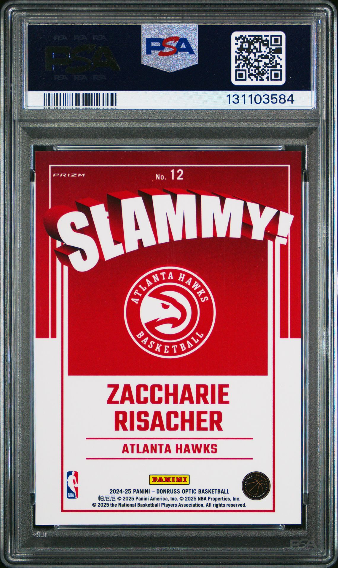 2024 Panini Donruss Optic Slammy! Zaccharie Risacher #12 Gem Mt 10 back