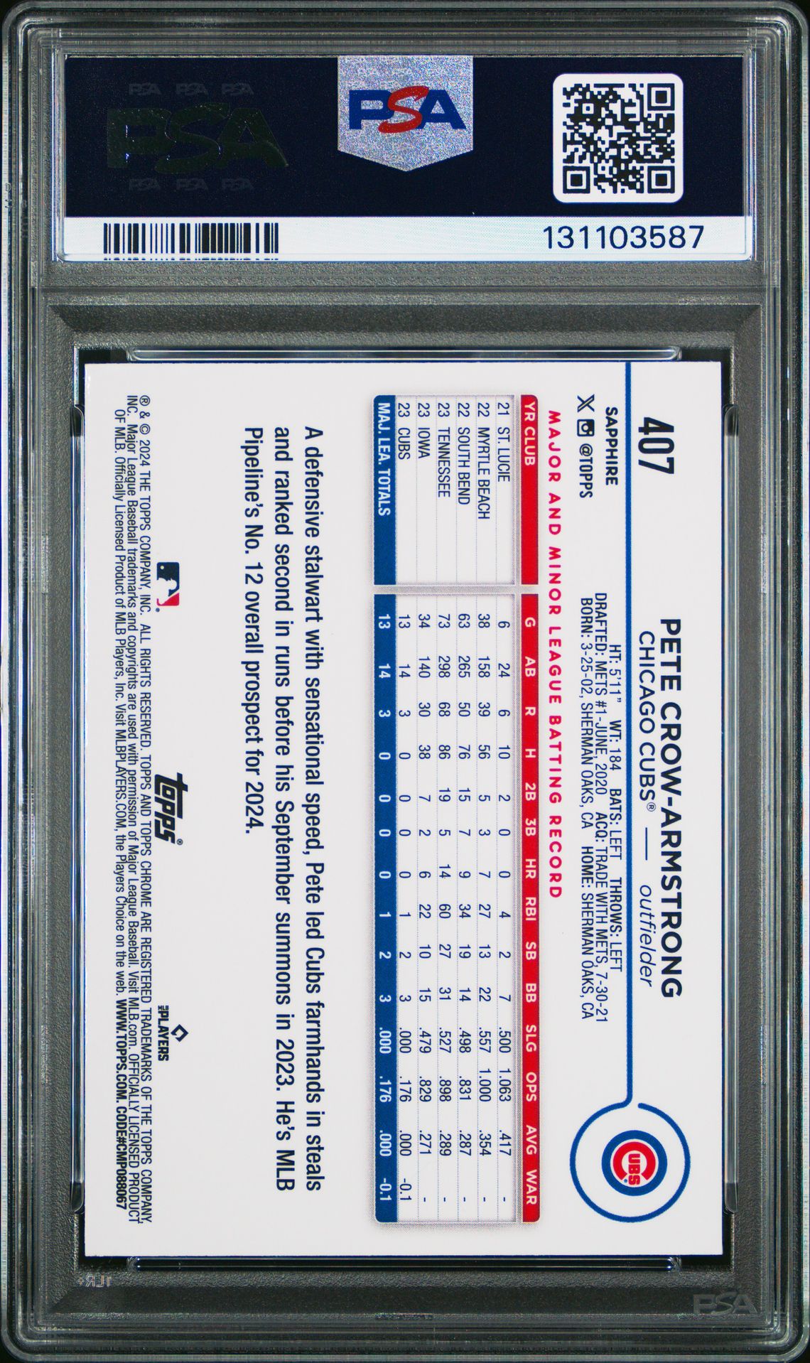 2024 Topps Chrome Sapphire Pete Crow-Armstrong #407 Gem Mt 10 back