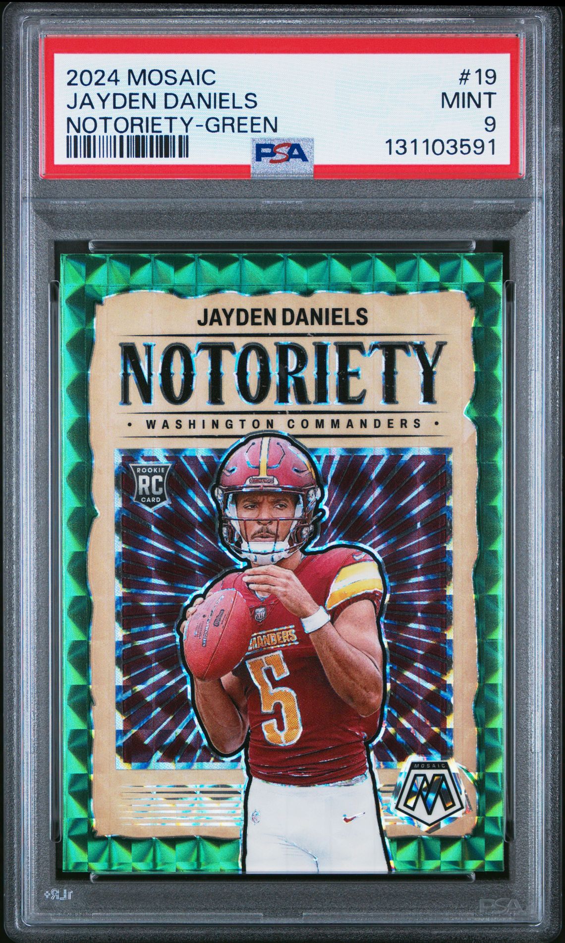 2024 Panini Mosaic Notoriety Jayden Daniels #19 (Notoriety-Green) Mint 9 front