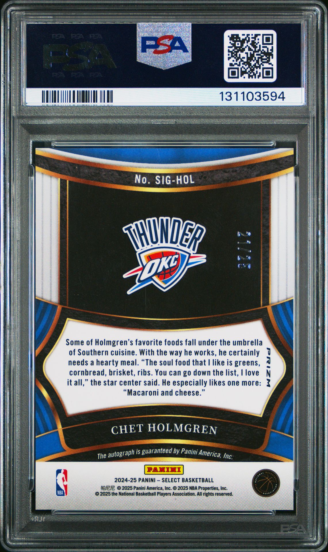2024 Panini Select Signatures Chet Holmgren #Sighol (Signature-Tie-Dye Prizm) Gem Mt 10 back