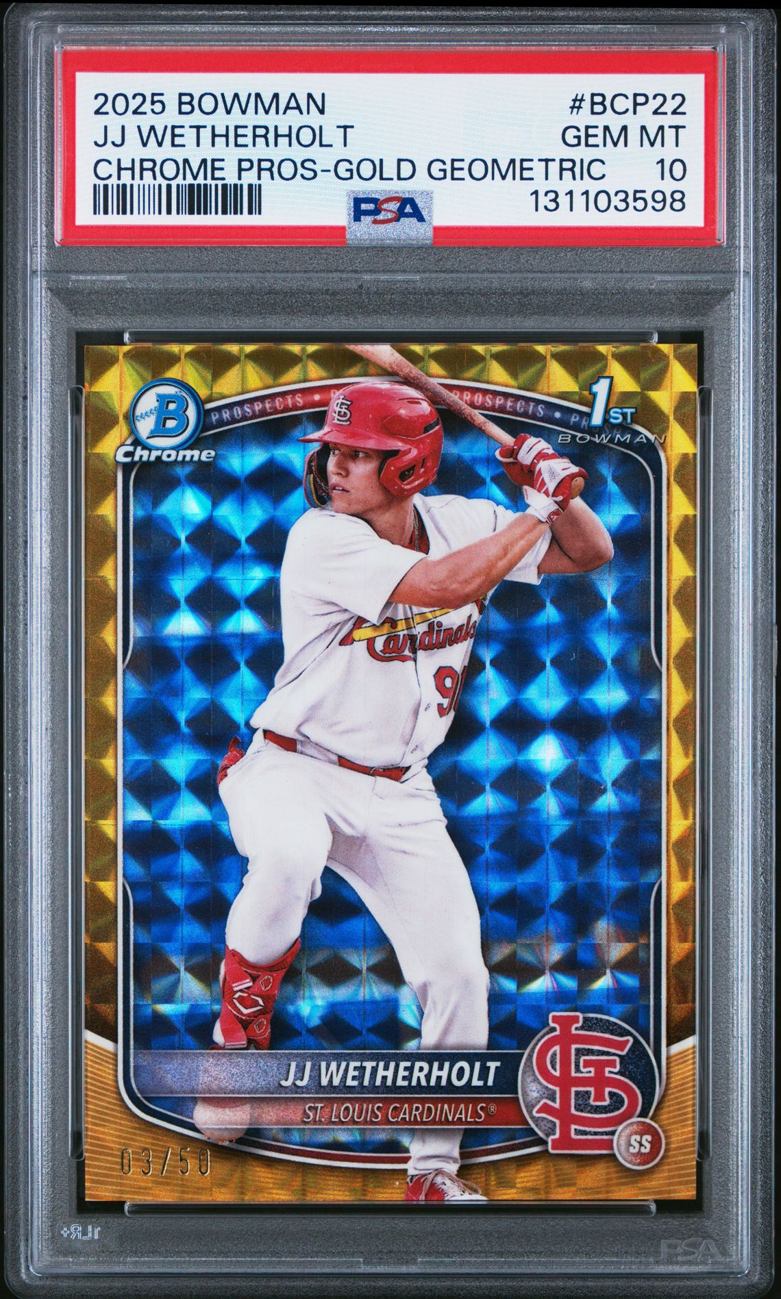 2025 Bowman Chrome Prospects Jj Wetherholt #Bcp22 (Chrome Pros-Gold Geometric) Gem Mt 10 front