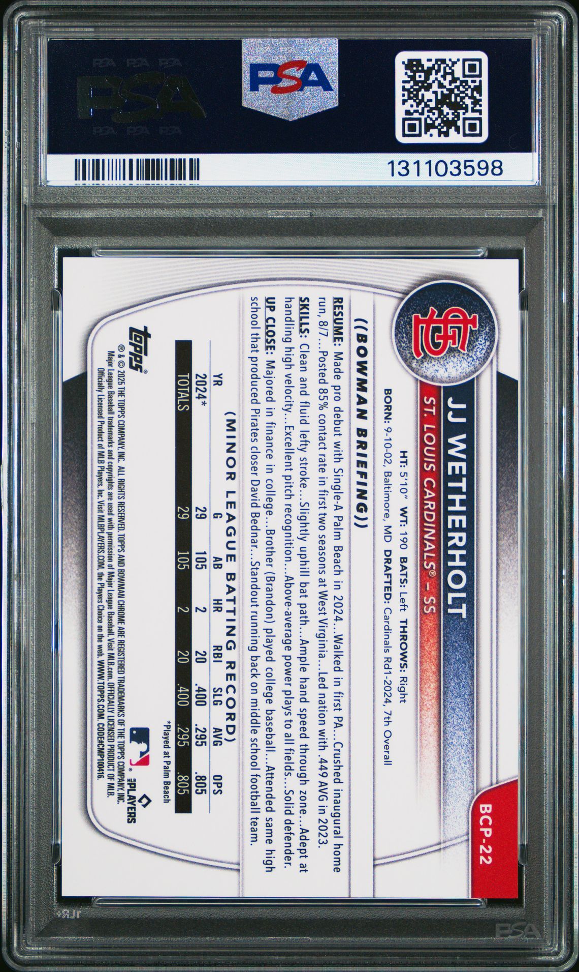 2025 Bowman Chrome Prospects Jj Wetherholt #Bcp22 (Chrome Pros-Gold Geometric) Gem Mt 10 back
