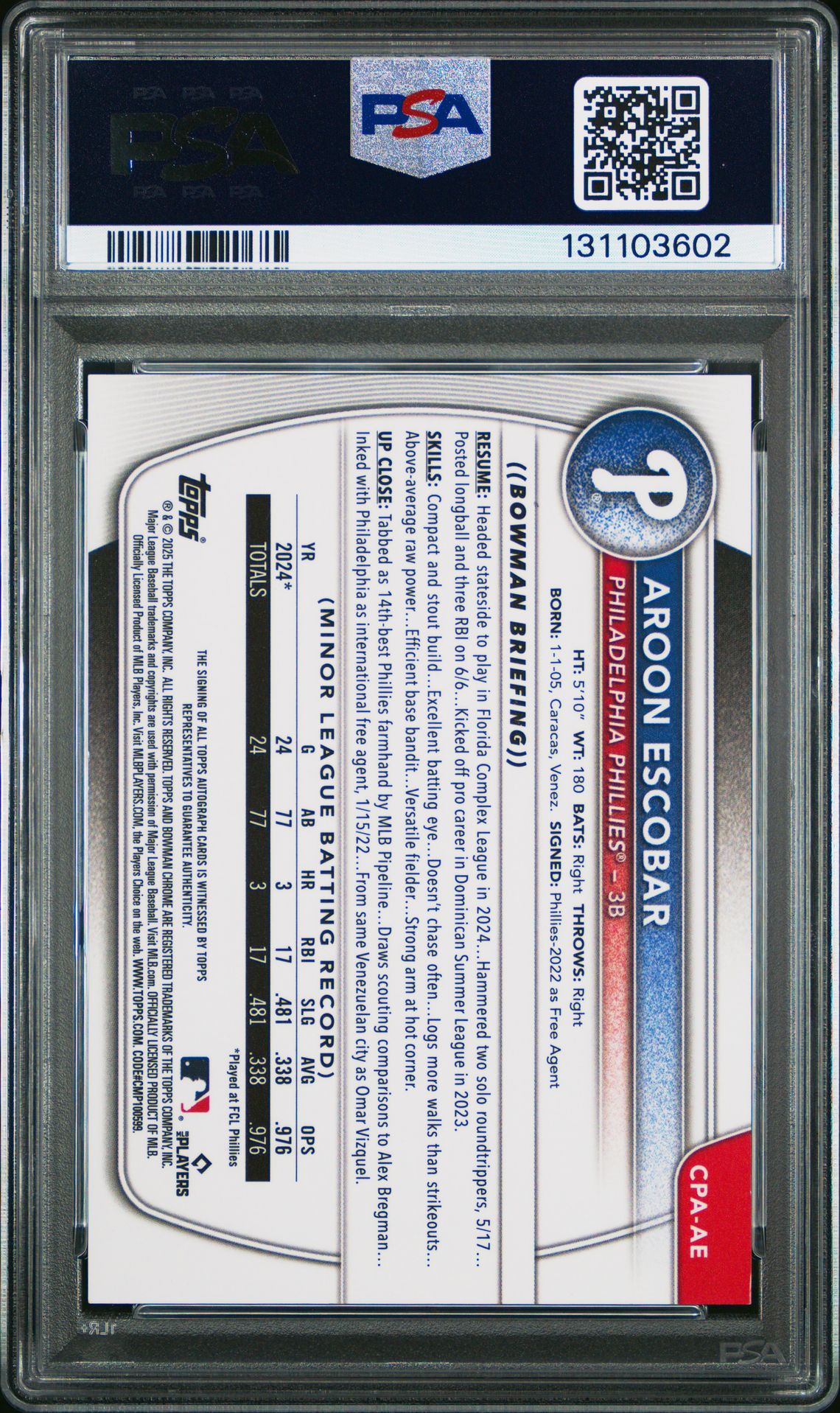 2025 Bowman Chrome Prospect Autographs Aroon Escobar #Cpaae (Chr Pros Au-Hta Choice Ref) Mint 9 back