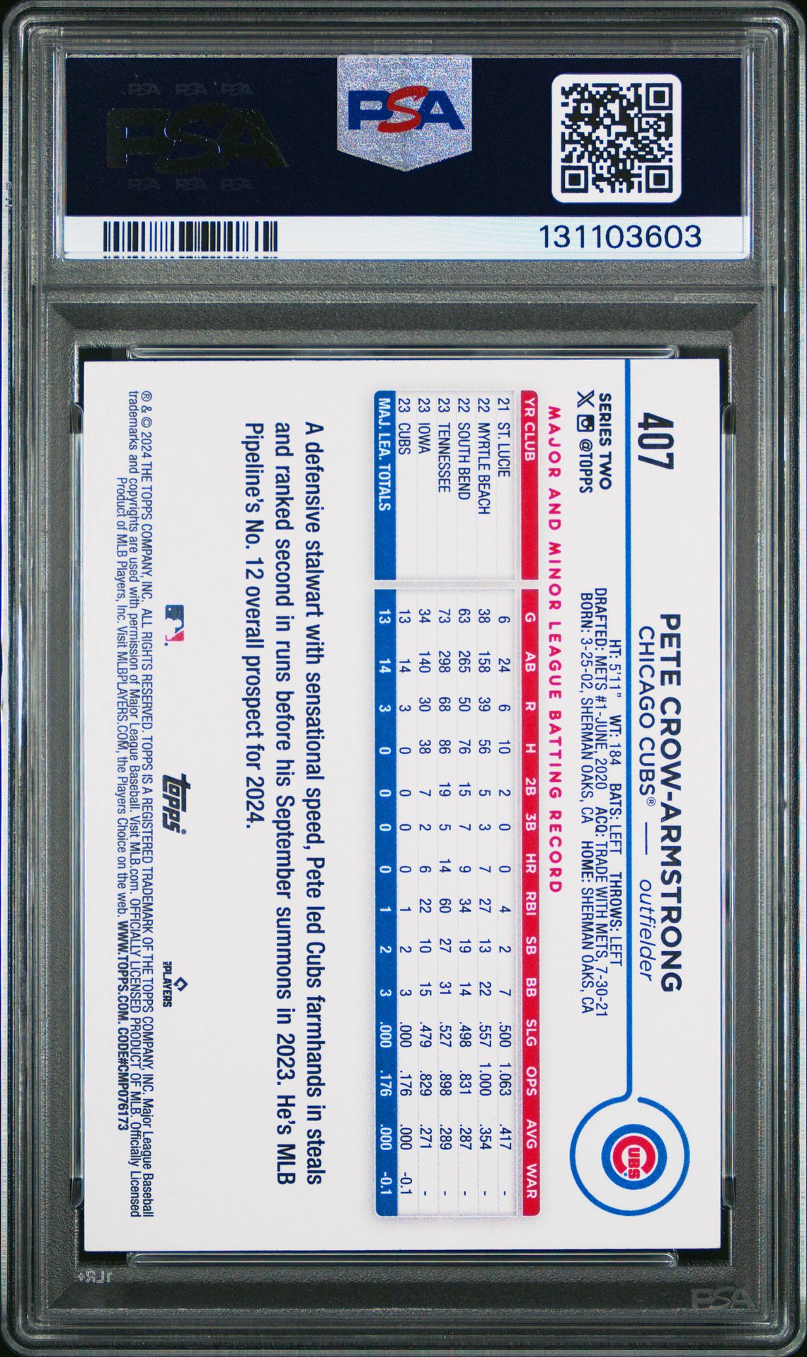 2024 Topps Pete Crow-Armstrong #407 (Yellow) Mint 9 back