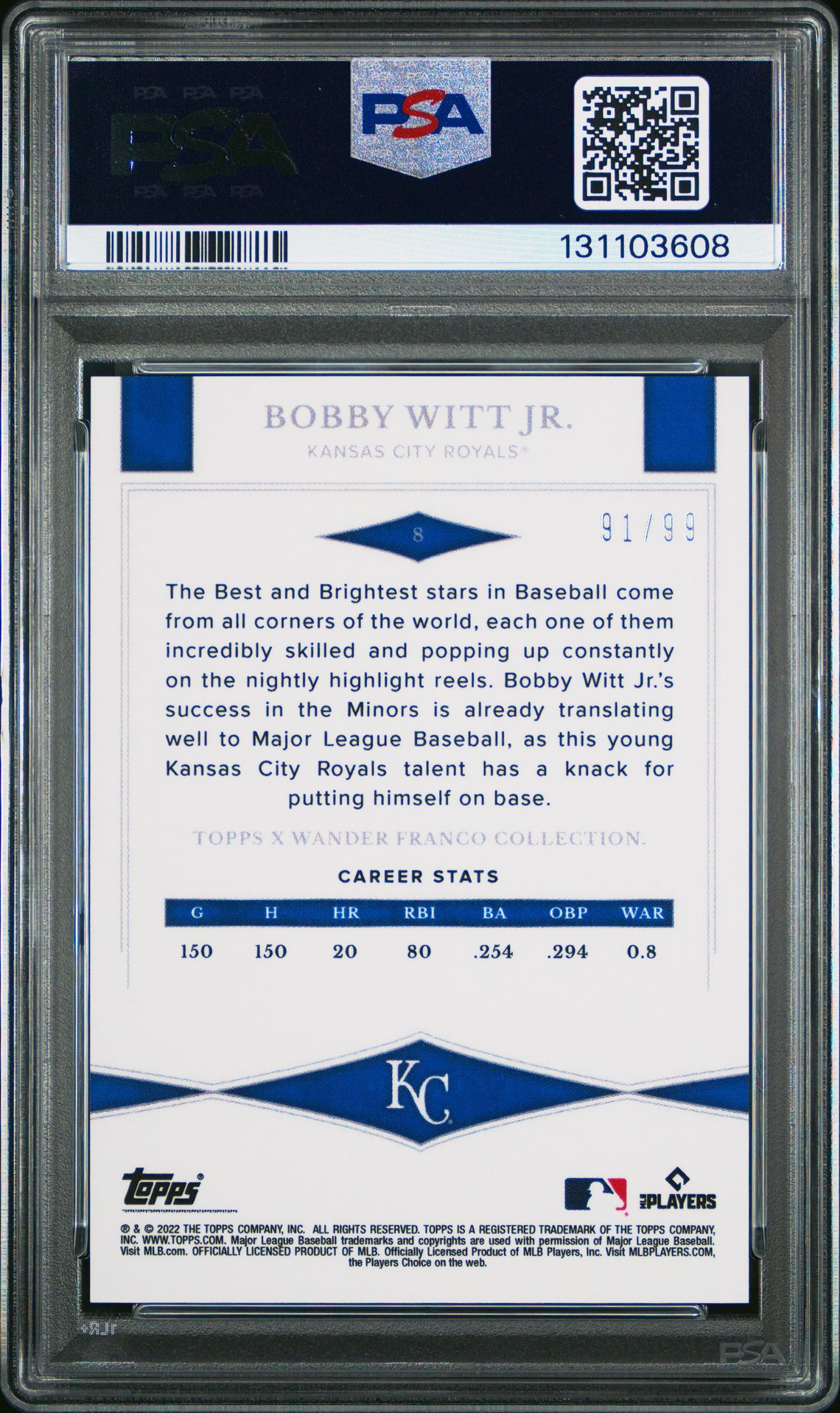 2022 Topps X Wander Franco Bobby Witt Jr. #8 (Green) Gem Mt 10 back