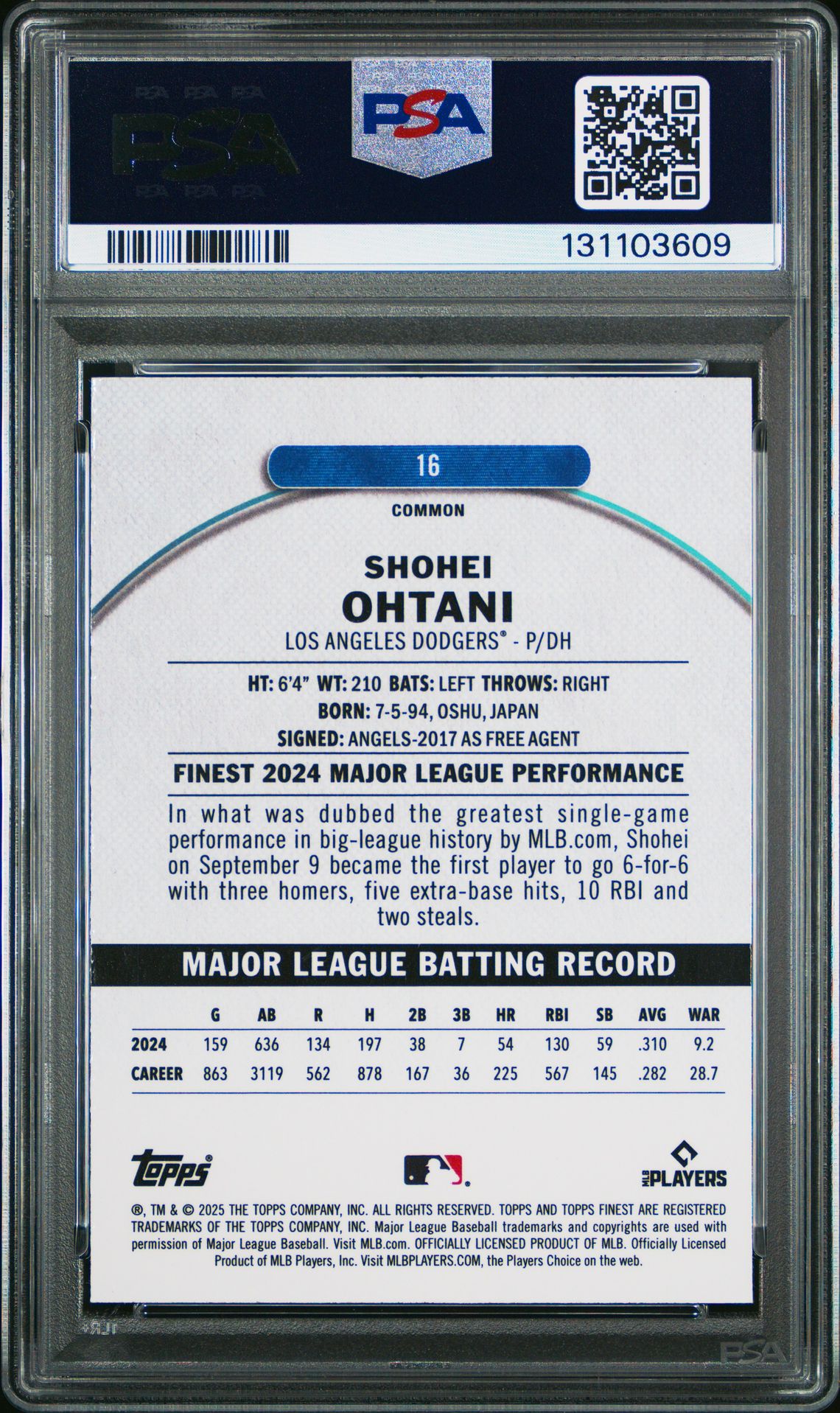 2025 Topps Finest Shohei Ohtani #16 (Sky Blue Refractor) Gem Mt 10 back