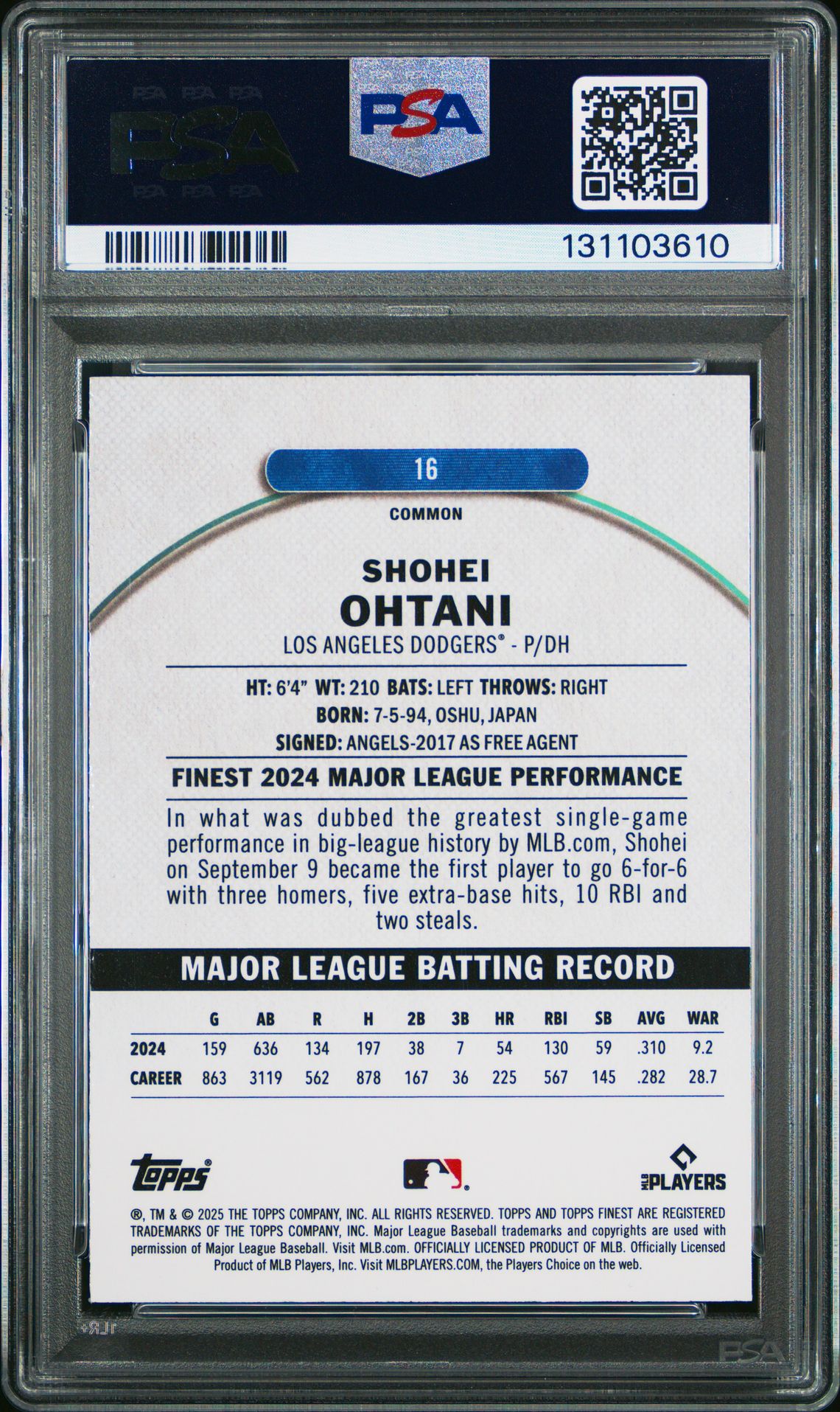 2025 Topps Finest Shohei Ohtani #16 (Magenta Refractor) Gem Mt 10 back