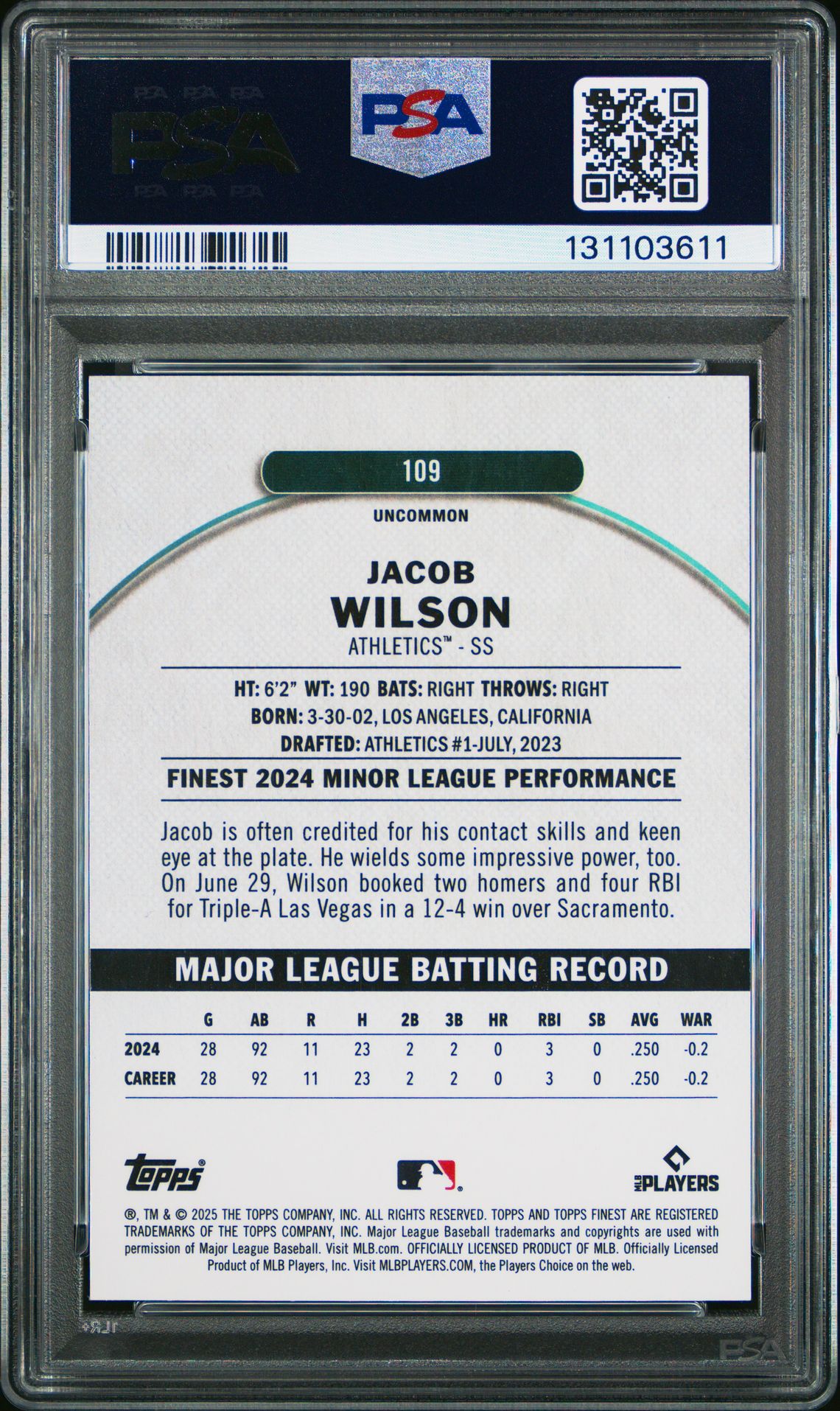 2025 Topps Finest Jacob Wilson #109 (Purple Refractor) Mint 9 back