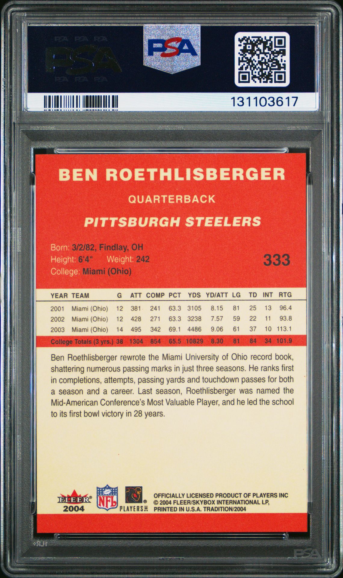 2004 Fleer Tradition Ben Roethlisberger #333 Gem Mt 10 back