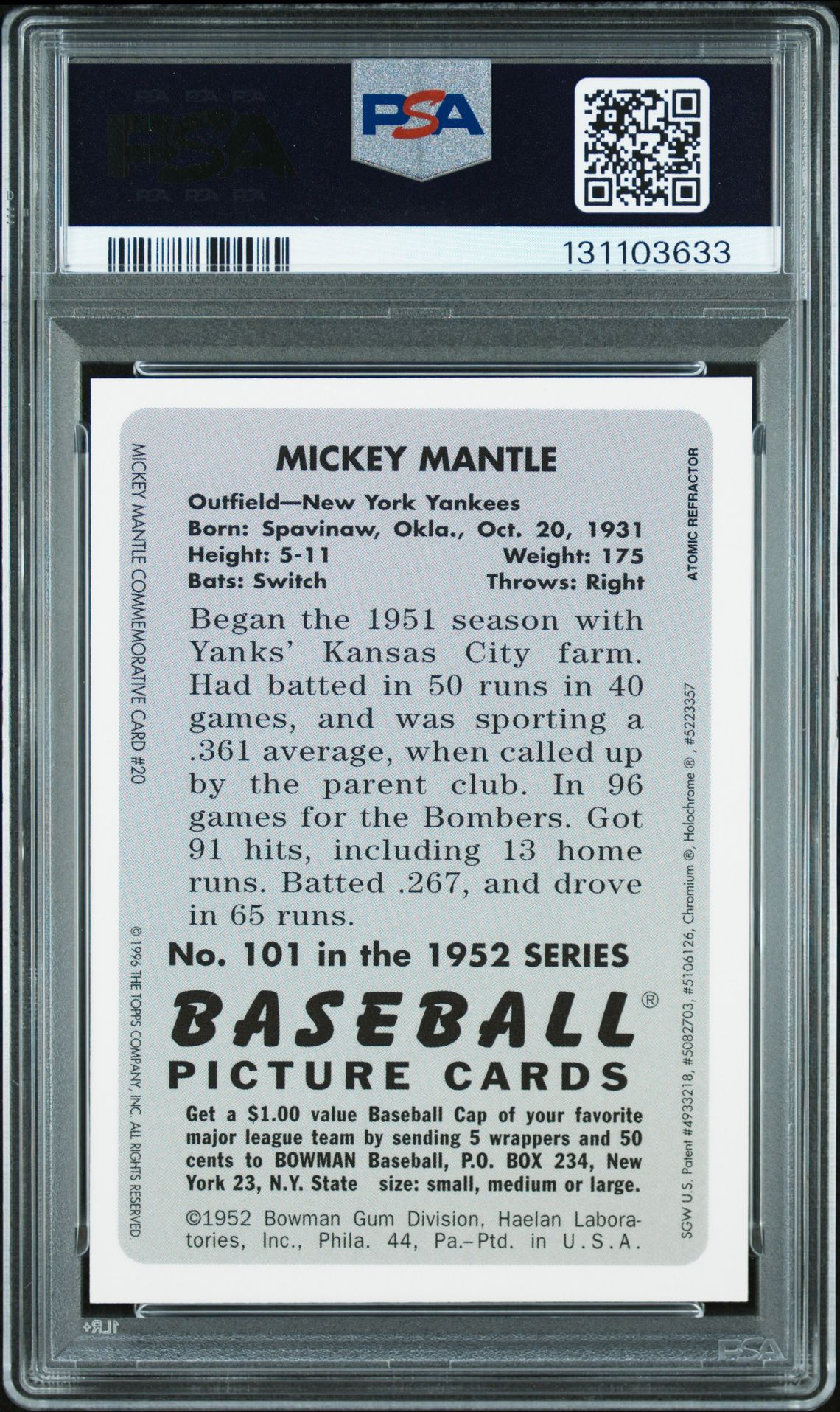 1996 Bowman Mantle 1952 Reprint Mickey Mantle #20 (1952 Reprint-Atomic Ref.) Nm-Mt 8 back
