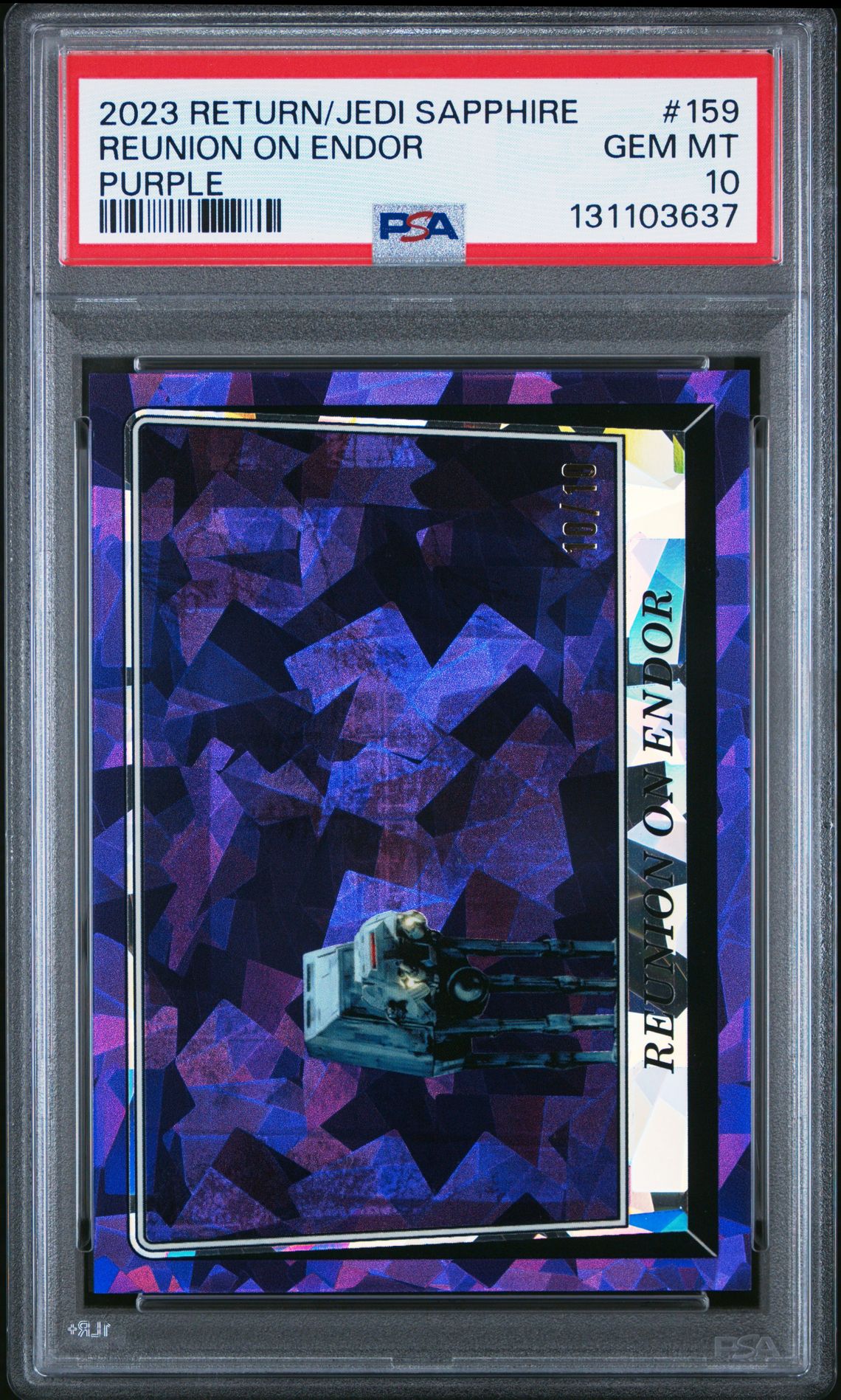 2023 Topps Chrome Sapphire Star Wars Return Of The Jedi Reunion On Endor #159 (Purple) Gem Mt 10 front view - PSA graded GEM MT 10