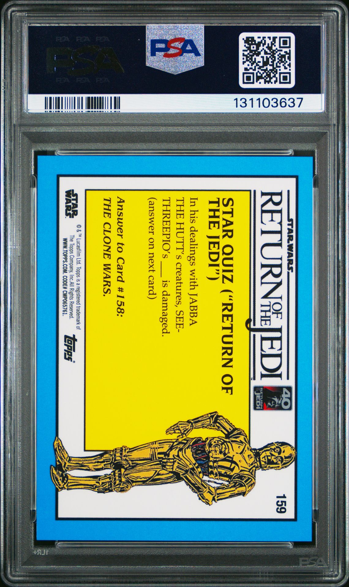 2023 Topps Chrome Sapphire Star Wars Return Of The Jedi Reunion On Endor #159 (Purple) Gem Mt 10 back view - PSA certificate #131103637