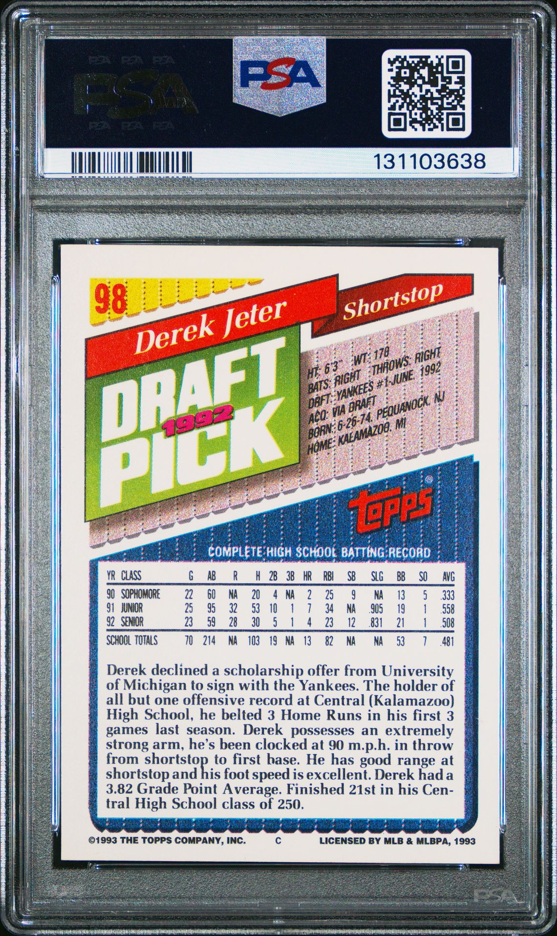 1993 Topps Derek Jeter #98 Nm-Mt 8 back