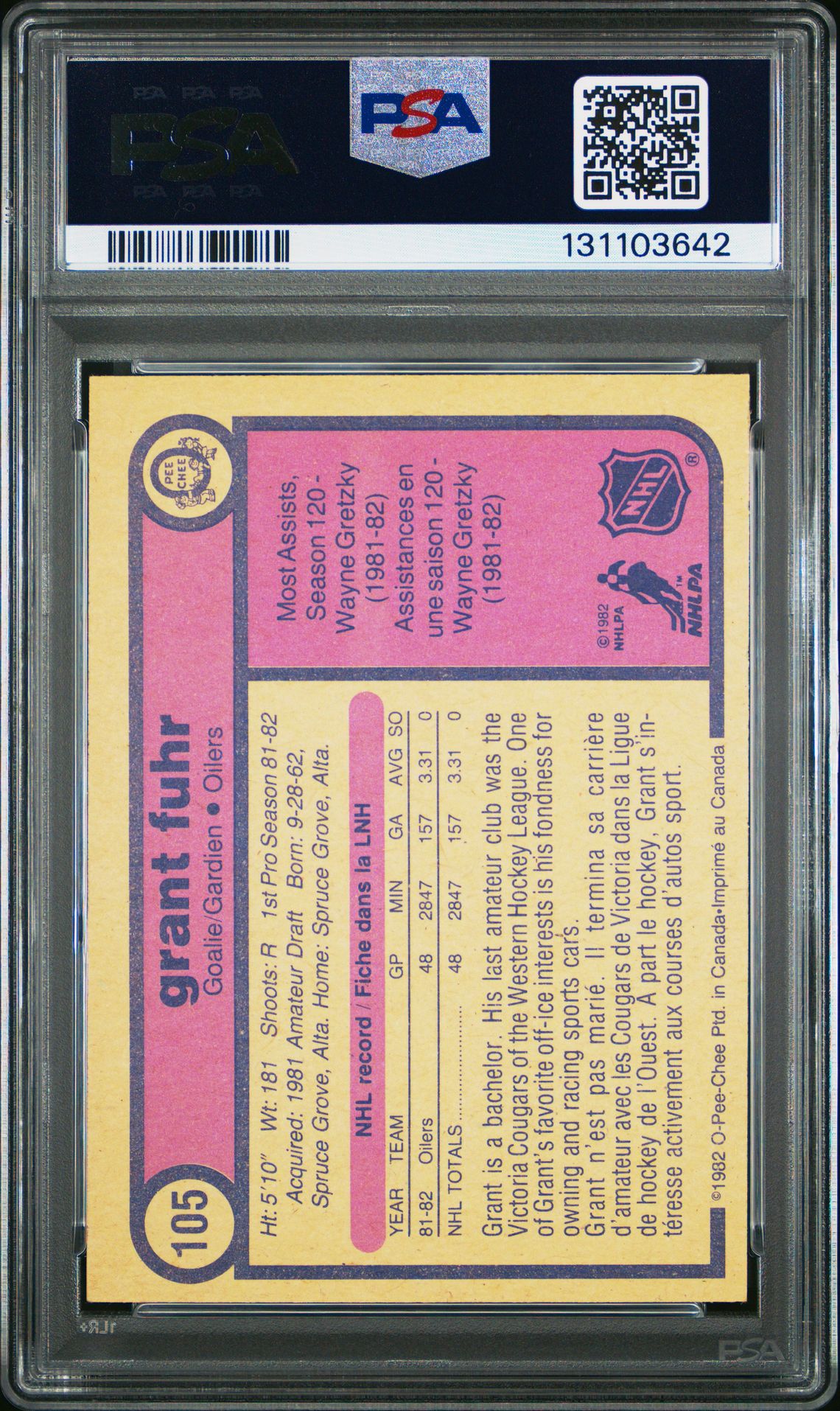 1982 O-Pee-Chee Grant Fuhr #105 Ex 5 back