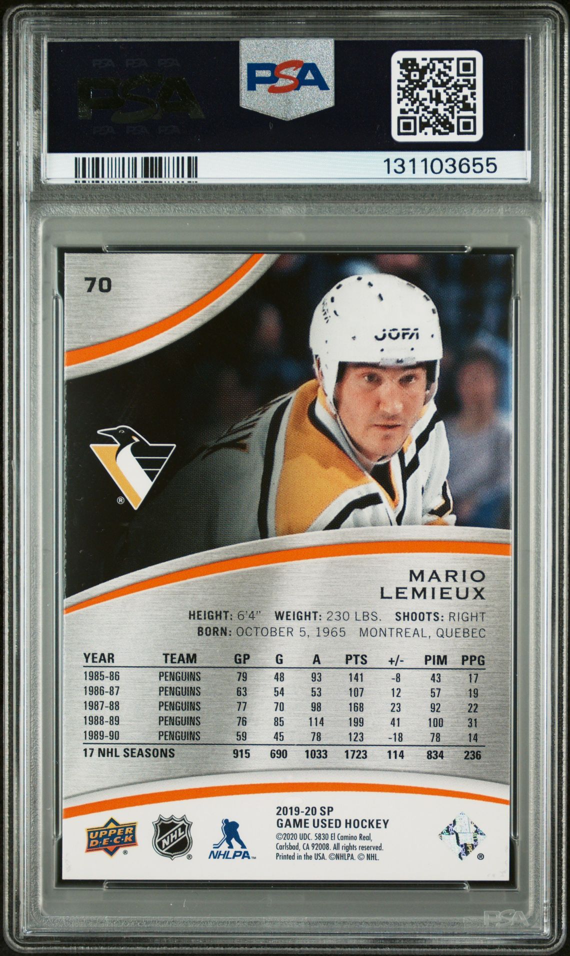 2019 Sp Game Used Mario Lemieux #70 (Orange) Mint 9 back