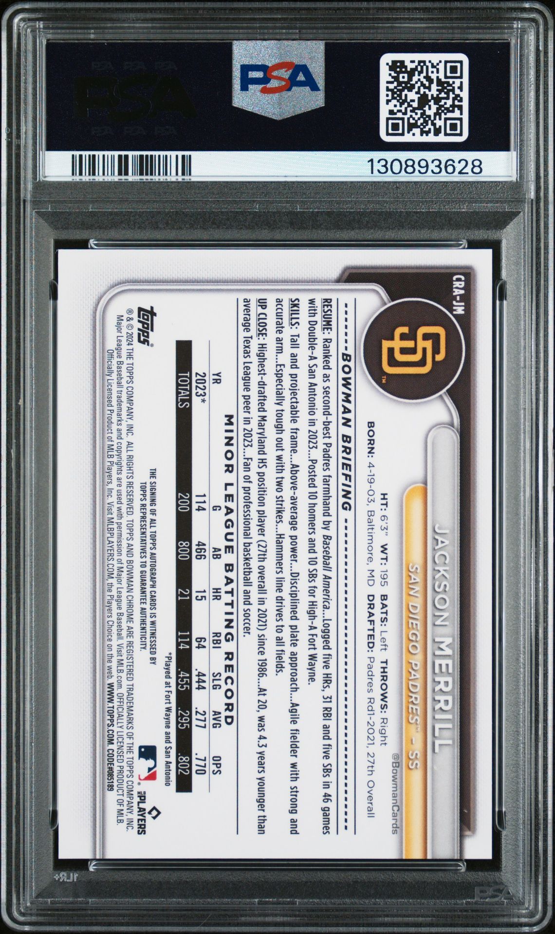 2024 Bowman Chrome Chrome Rookie Autographs Jackson Merrill #Crajm (Rookie Auto-Green Ref) Gem Mt 10 back view - PSA certificate #130893628