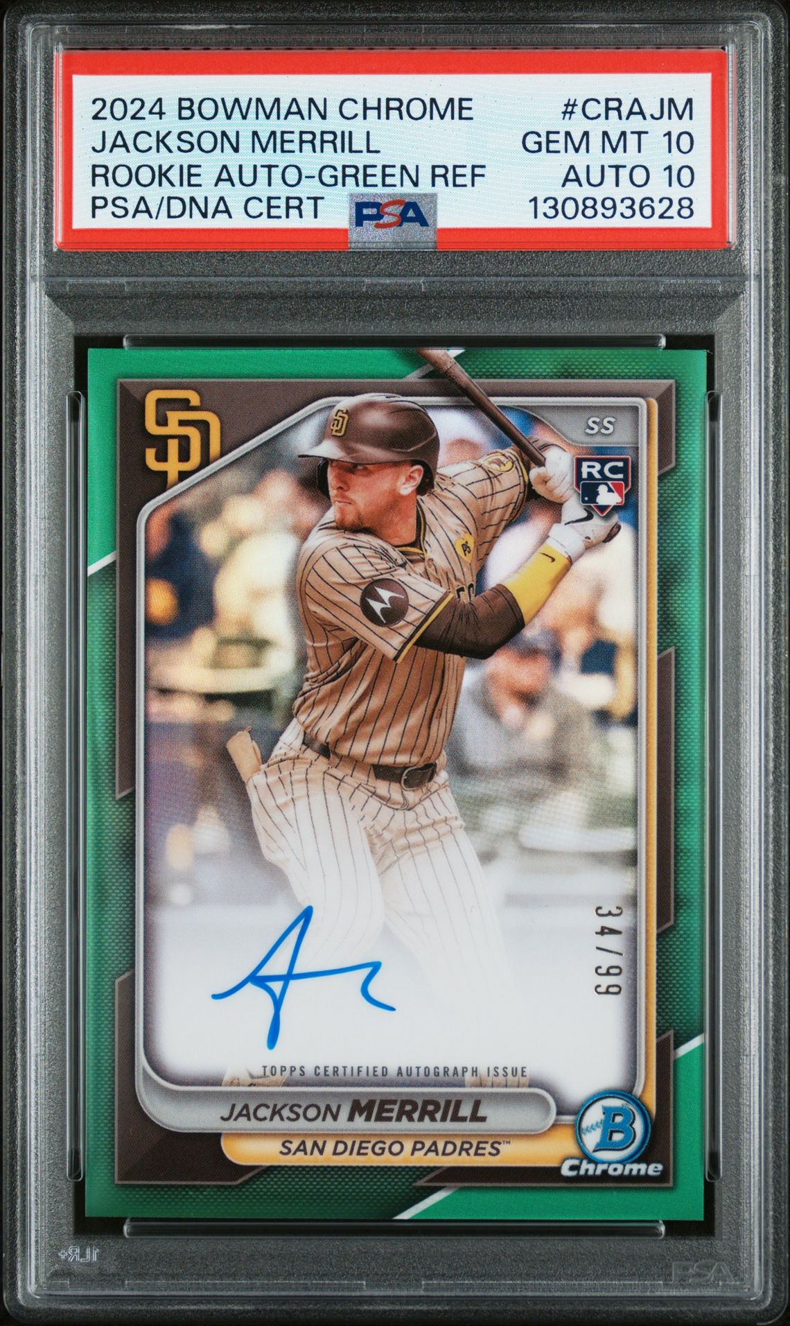 2024 Bowman Chrome Chrome Rookie Autographs Jackson Merrill #Crajm (Rookie Auto-Green Ref) Gem Mt 10 front view - PSA graded GEM MT 10