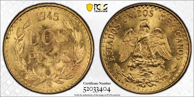 1945-Mo 2 Peso KM-461  Au MS67