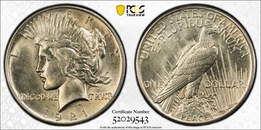 1921 $1 High Relief, Peace MS62