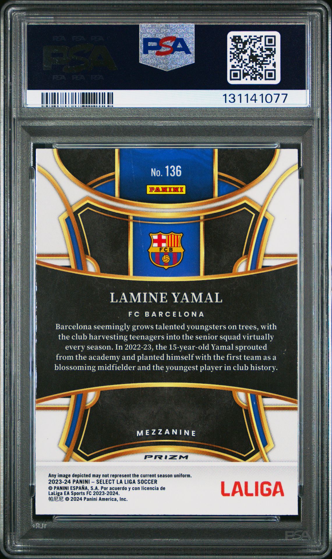 2023-24 Panini Select La Liga Lamine Yamal #136 (Silver) Gem Mt 10 back view - PSA certificate #131141077