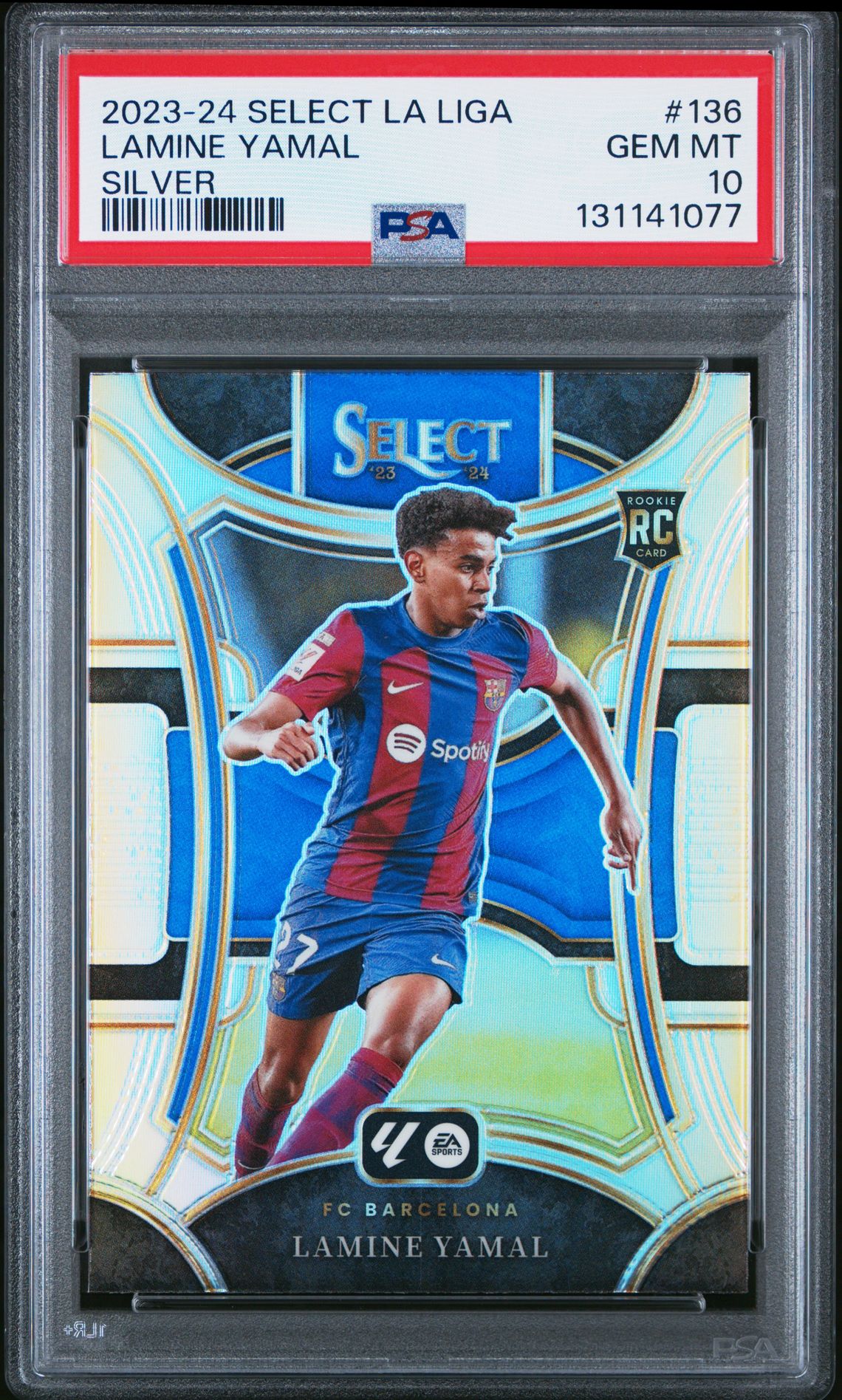 2023-24 Panini Select La Liga Lamine Yamal #136 (Silver) Gem Mt 10 front view - PSA graded GEM MT 10