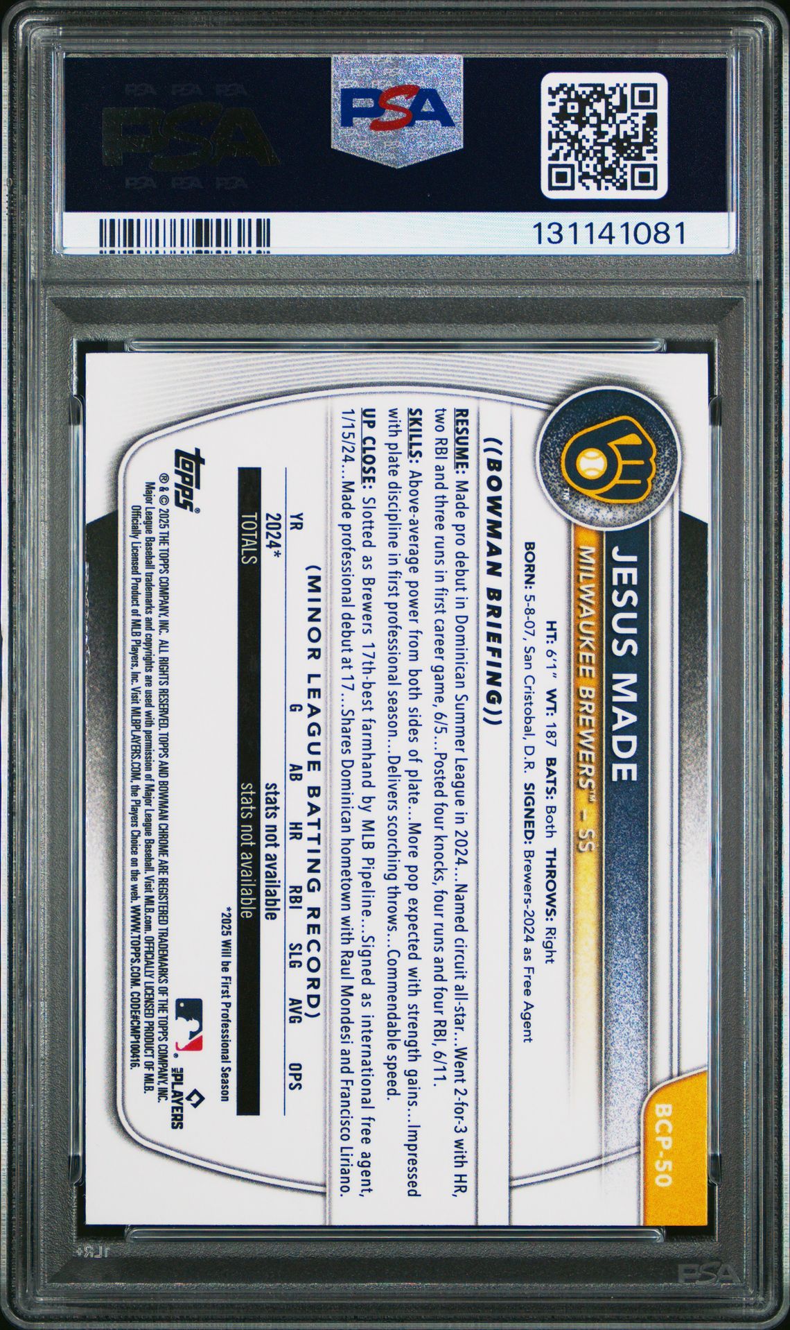 2025 Bowman Chrome Prospects Jesus Made #Bcp50 Gem Mt 10 back