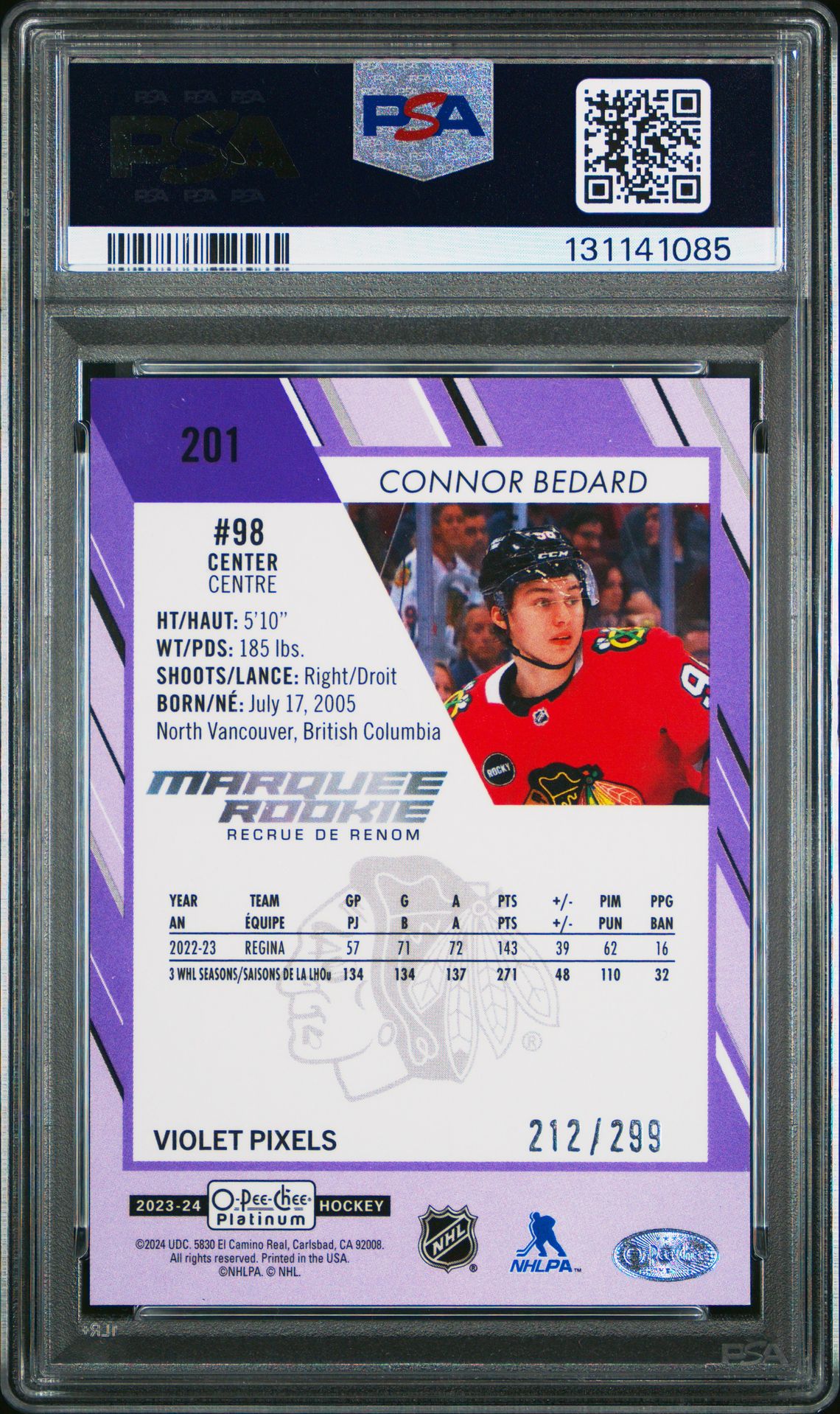 2023 Upper Deck O-Pee-Chee Platinum Connor Bedard #201 (Violet Pixels) Gem Mt 10 back