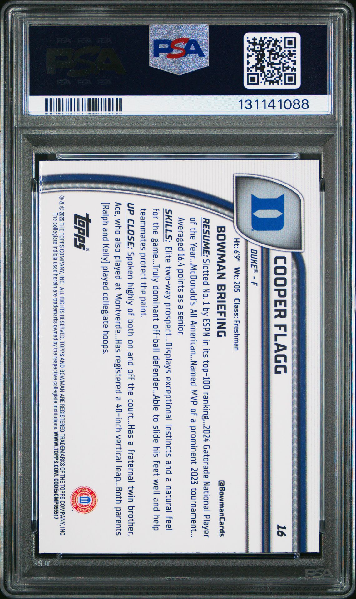 2024 Bowman Chrome University Cooper Flagg #16 (Black Wave) Mint 9 back