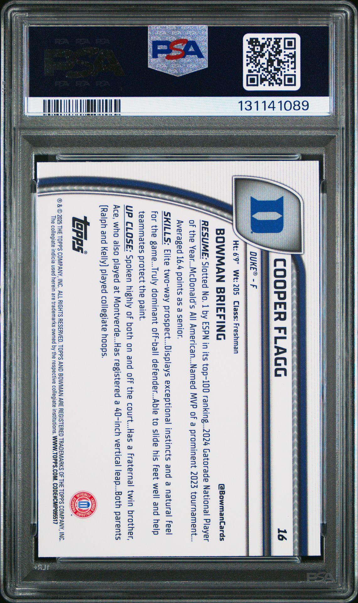 2024 Bowman Chrome University Cooper Flagg #16 (Black Wave) Mint 9 back