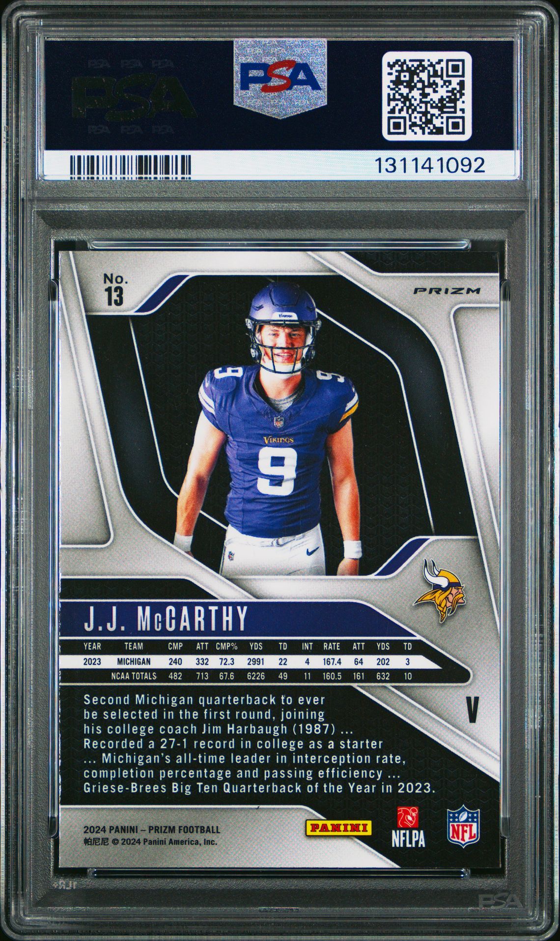 2024 Panini Prizm Rookie Variation Jj Mccarthy #13 Mint 9 back