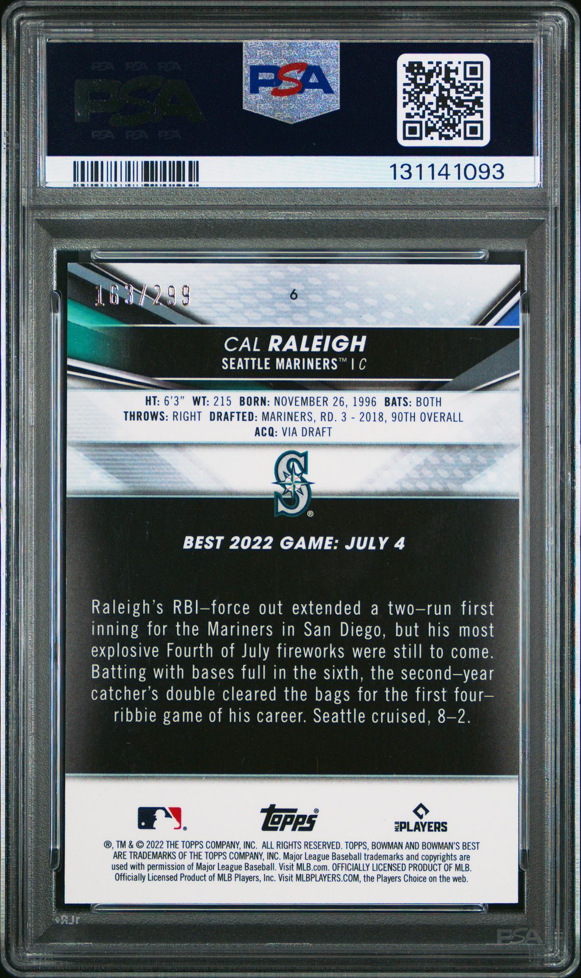 2022 Bowman's Best Cal Raleigh #6 (Mini Diamond Refractor) Gem Mt 10 back