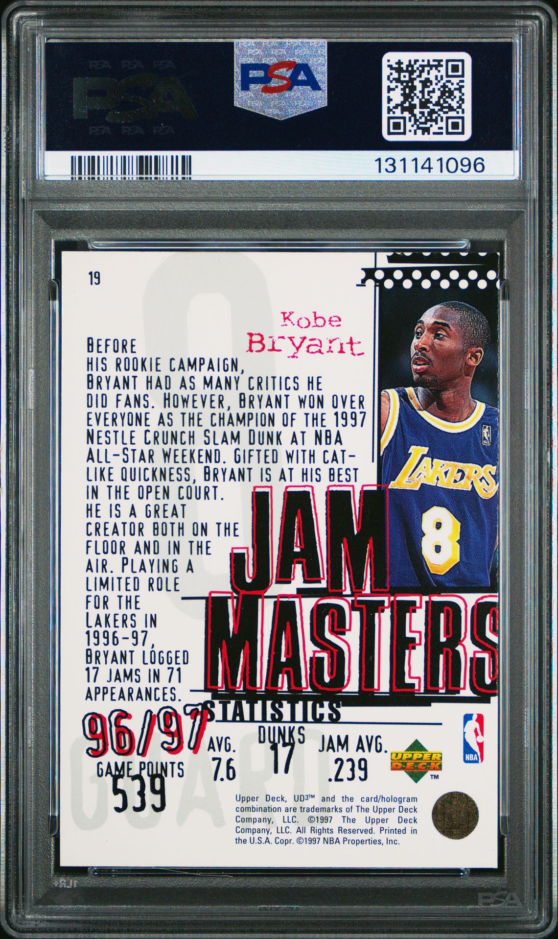 1997 Ud3 Kobe Bryant #19 Mint 9 back