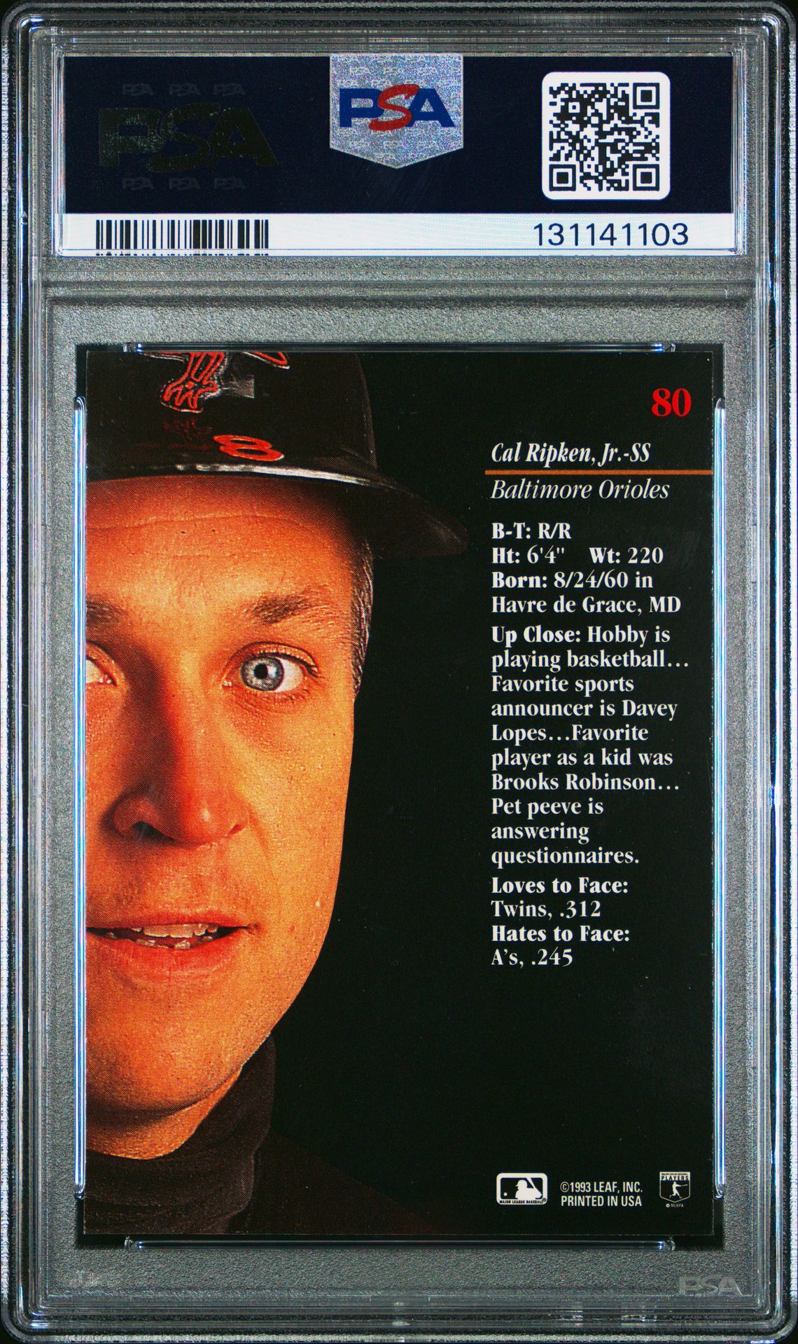 1993 Studio Cal Ripken Jr. #80 Mint 9 back