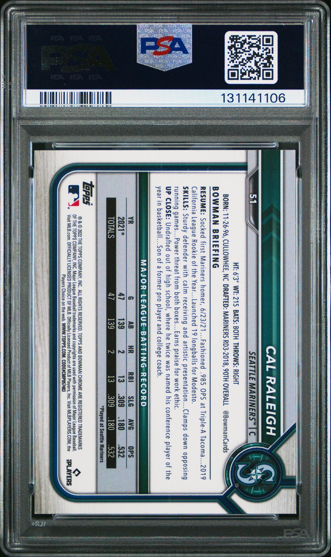 2022 Bowman Chrome Sapphire Edition Cal Raleigh #51 Gem Mt 10 back