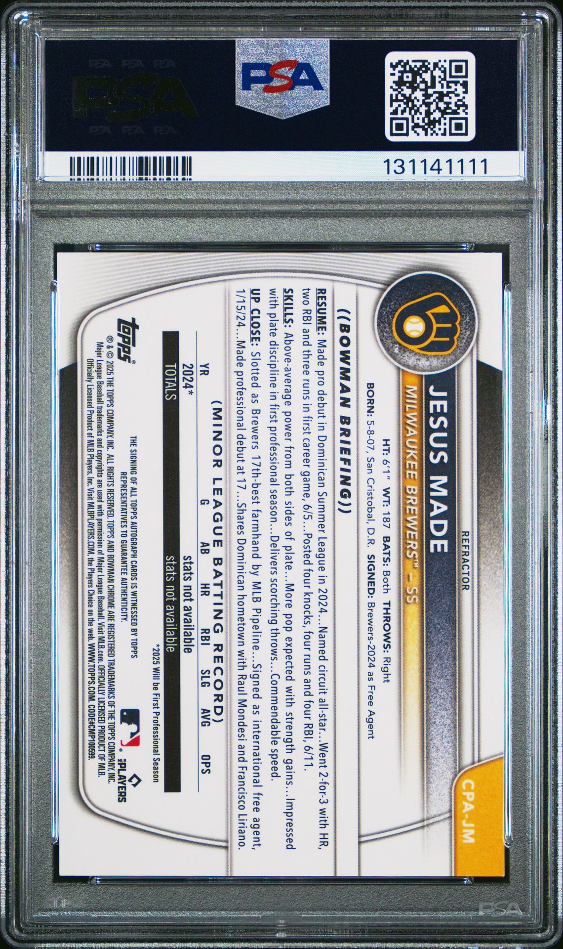 2025 Bowman Chrome Prospect Autographs Jesus Made #Cpajm (Chrome Prospect Auto-Ref) Gem Mt 10 back
