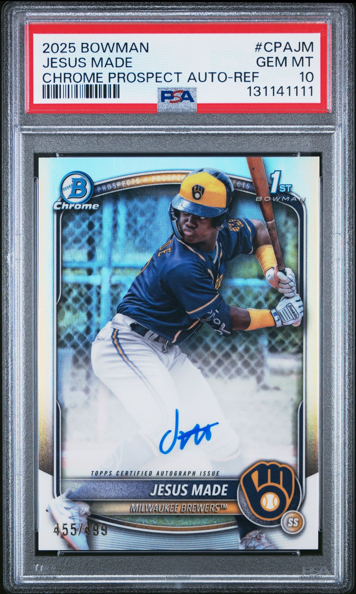 2025 Bowman Chrome Prospect Autographs Jesus Made #Cpajm (Chrome Prospect Auto-Ref) Gem Mt 10 front