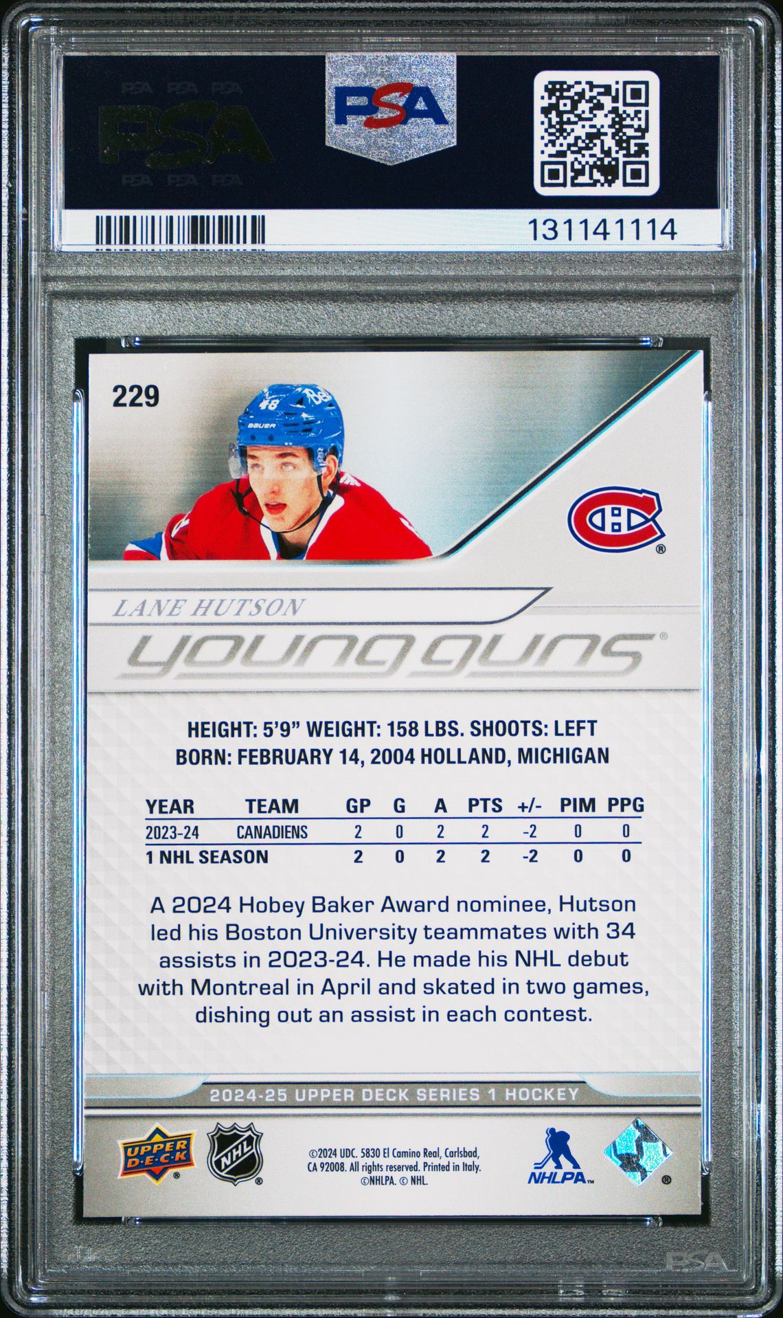 2024 Upper Deck Lane Hutson #229 Gem Mt 10 back