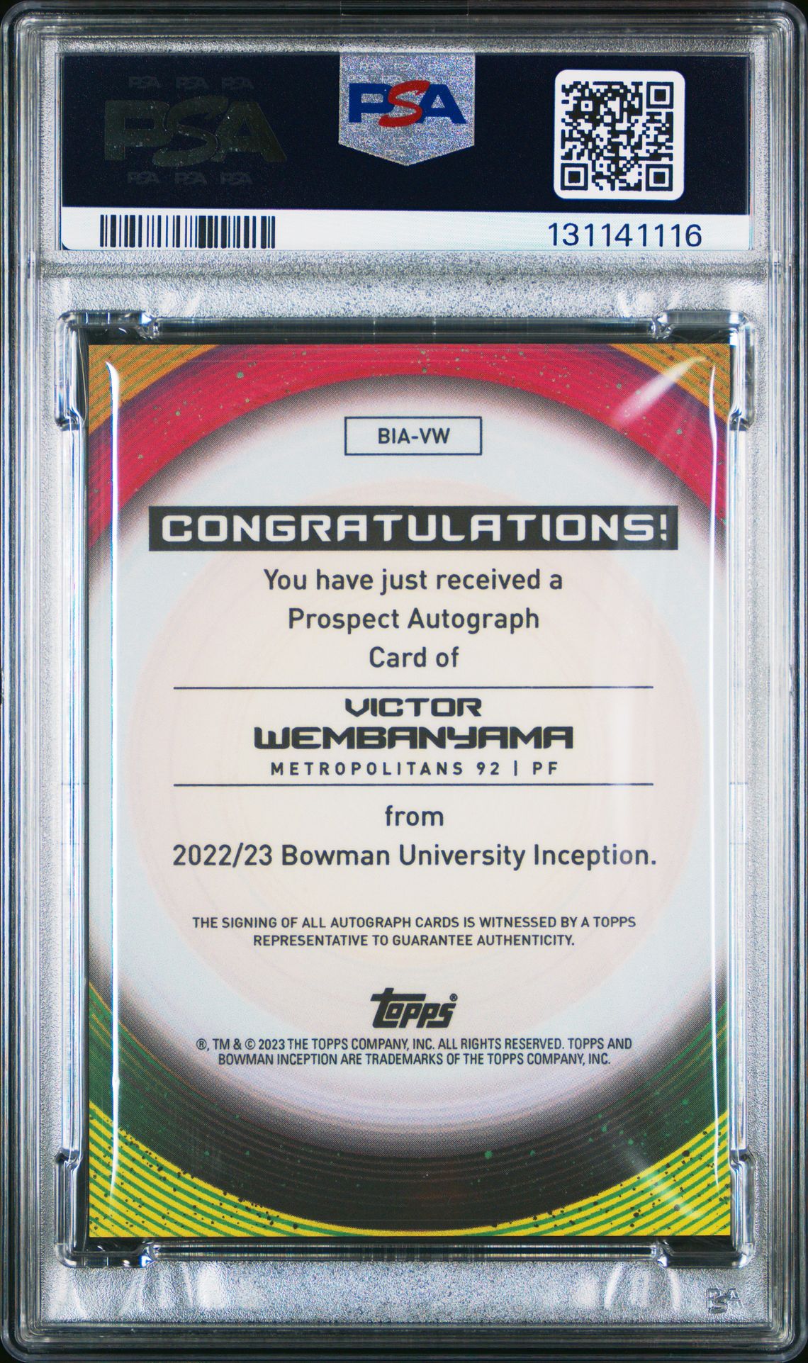 2022 Bowman University Inception Autographs Victor Wembanyama #Vw (Autograph) Gem Mt 10 back
