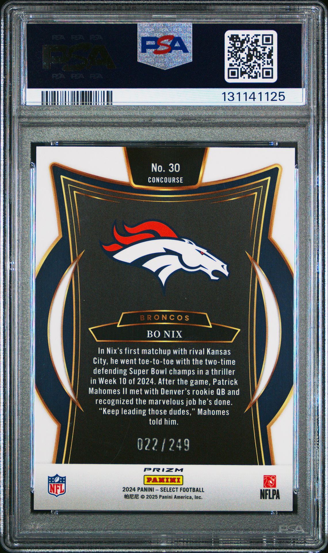 2024 Panini Select Bo Nix #30 (Red Shock) Gem Mt 10 back