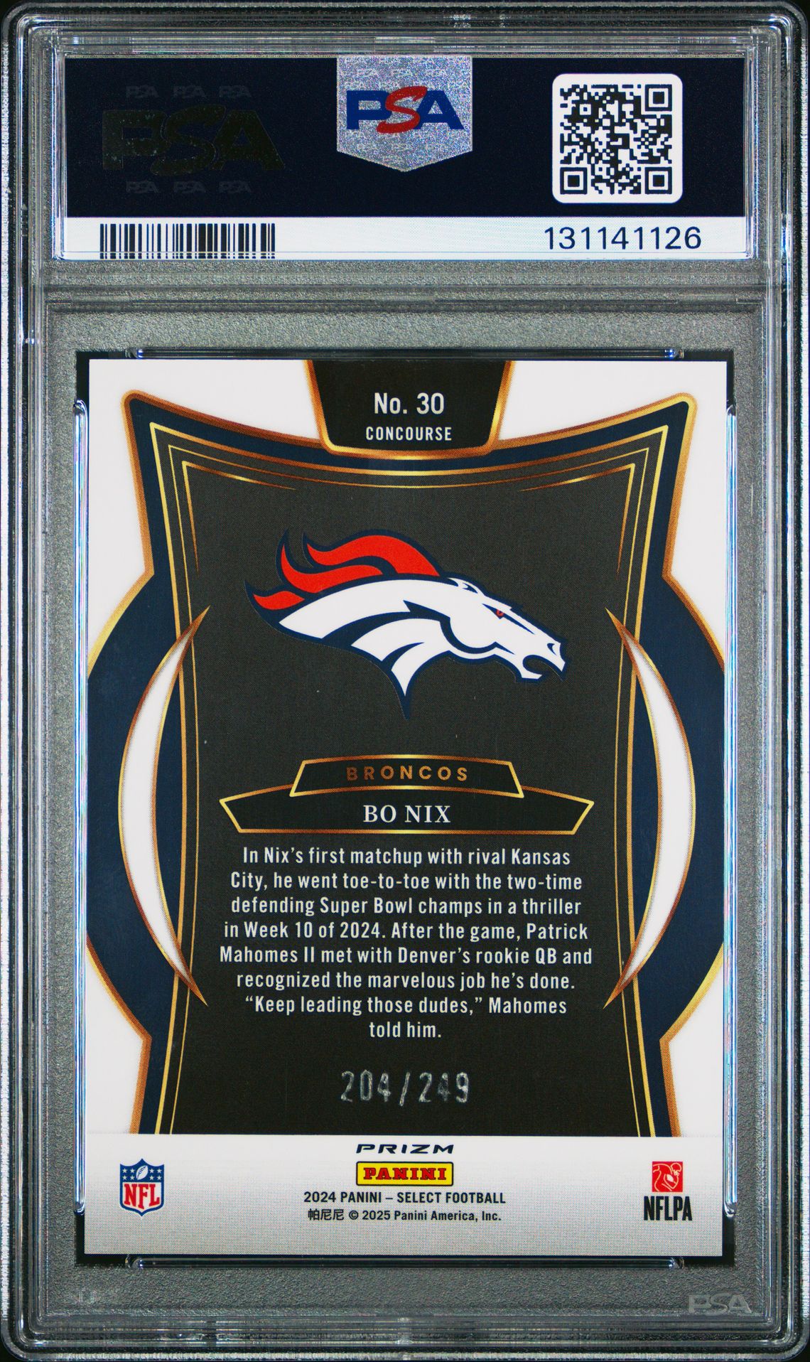 2024 Panini Select Bo Nix #30 (Red Shock) Gem Mt 10 back