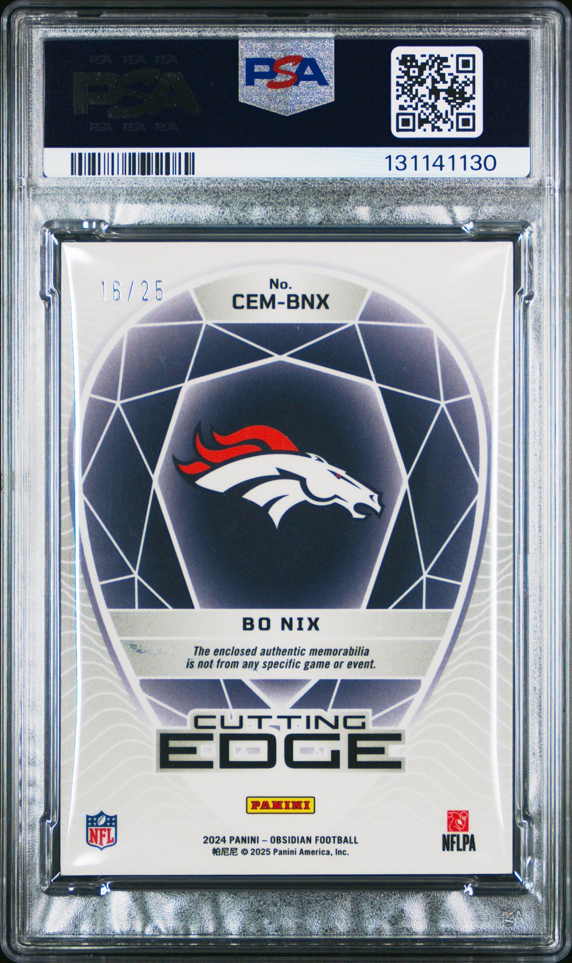 2024 Panini Obsidian Cutting Edge Materials Bo Nix #Cembnx (Cutting Edge Material-Blue) Mint 9 back