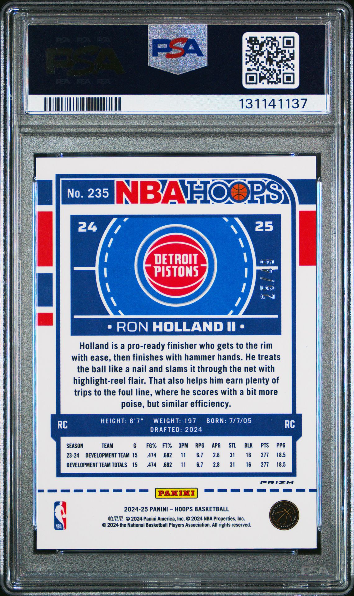 2024 Panini Nba Hoops Ron Holland Ii #235 (Premium Prizms Blue) Gem Mt 10 back