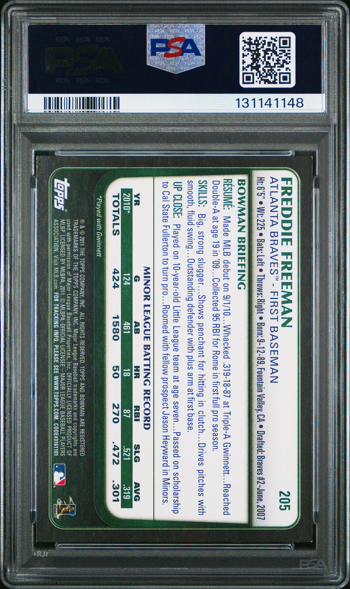 2011 Bowman Freddie Freeman #205 Nm 7 back